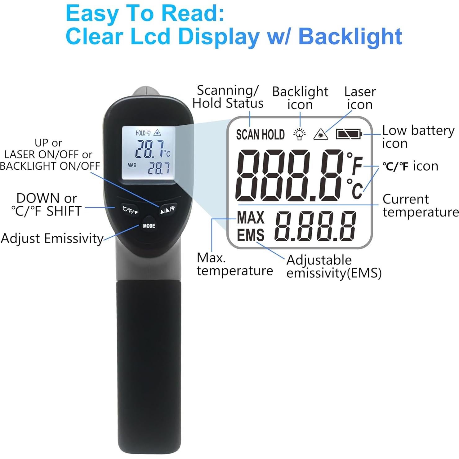 Pistola termómetro infrarrojo Hito -50°C a 600°C, gris oscuro
