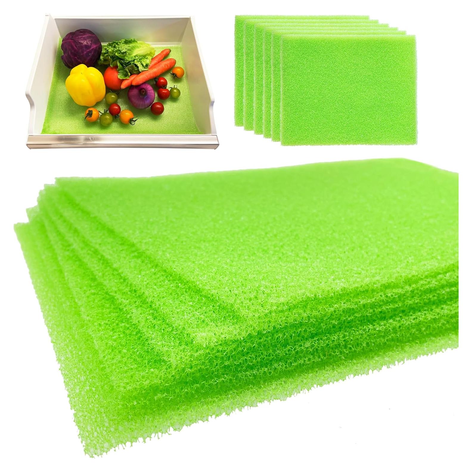 6-Pack Vegetable and Fruit Life Extender Fridge Shelf Sponge Liner, 12" x 15" Cuttable, Washable, & Reusable Refrigerator Mat, Ventilation to Keep Produce Fresh Longer Prevents Spoilage