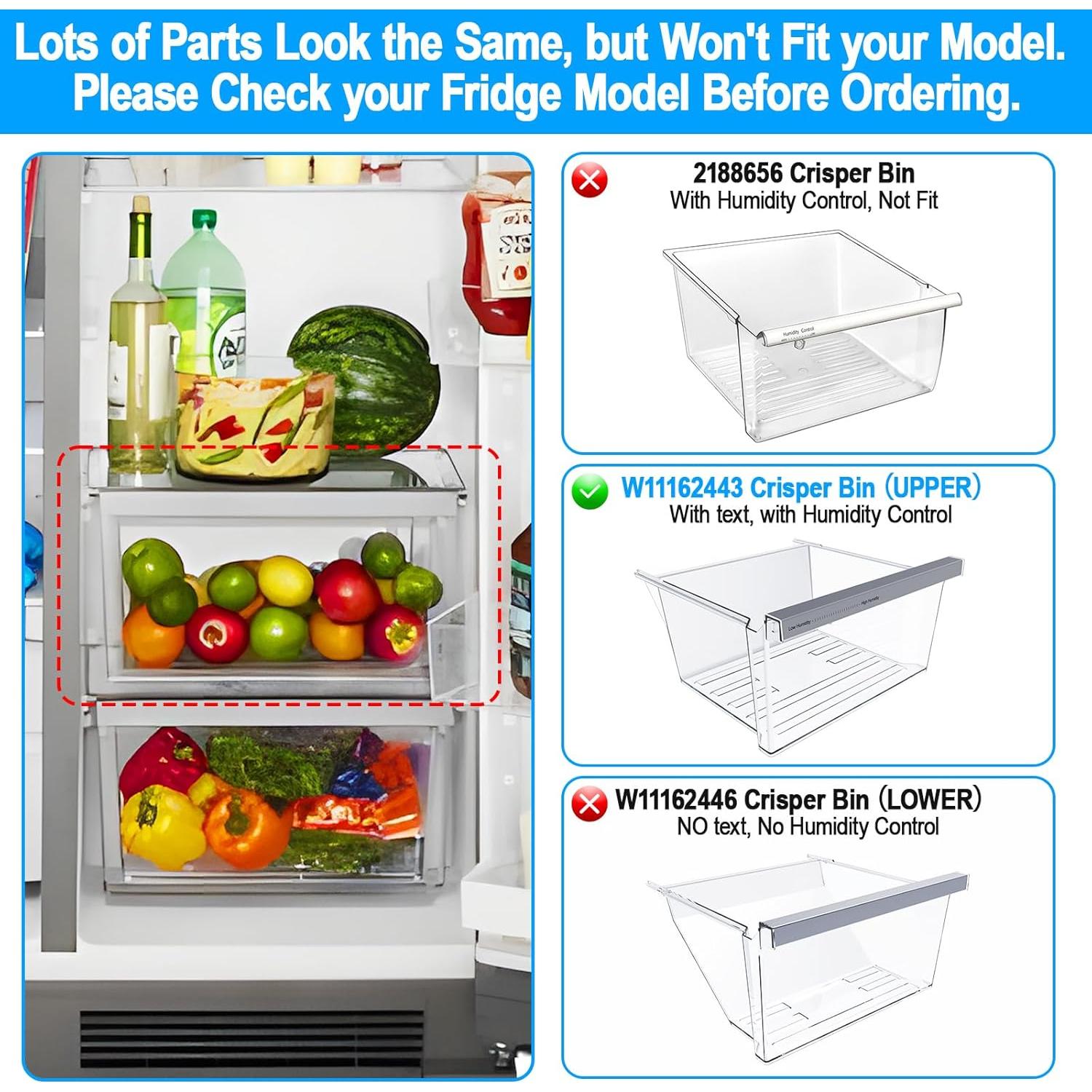 UPGRADED W11162443 Refrigerator Crisper Drawer Compatible with Whirlpool Crisper Drawer W11046494 Whirlpool Fridge Drawer W10899435 Maytag Refrigerator Drawer WRS325SDHZ WRS315SDHZ WRS315SDHM Drawer