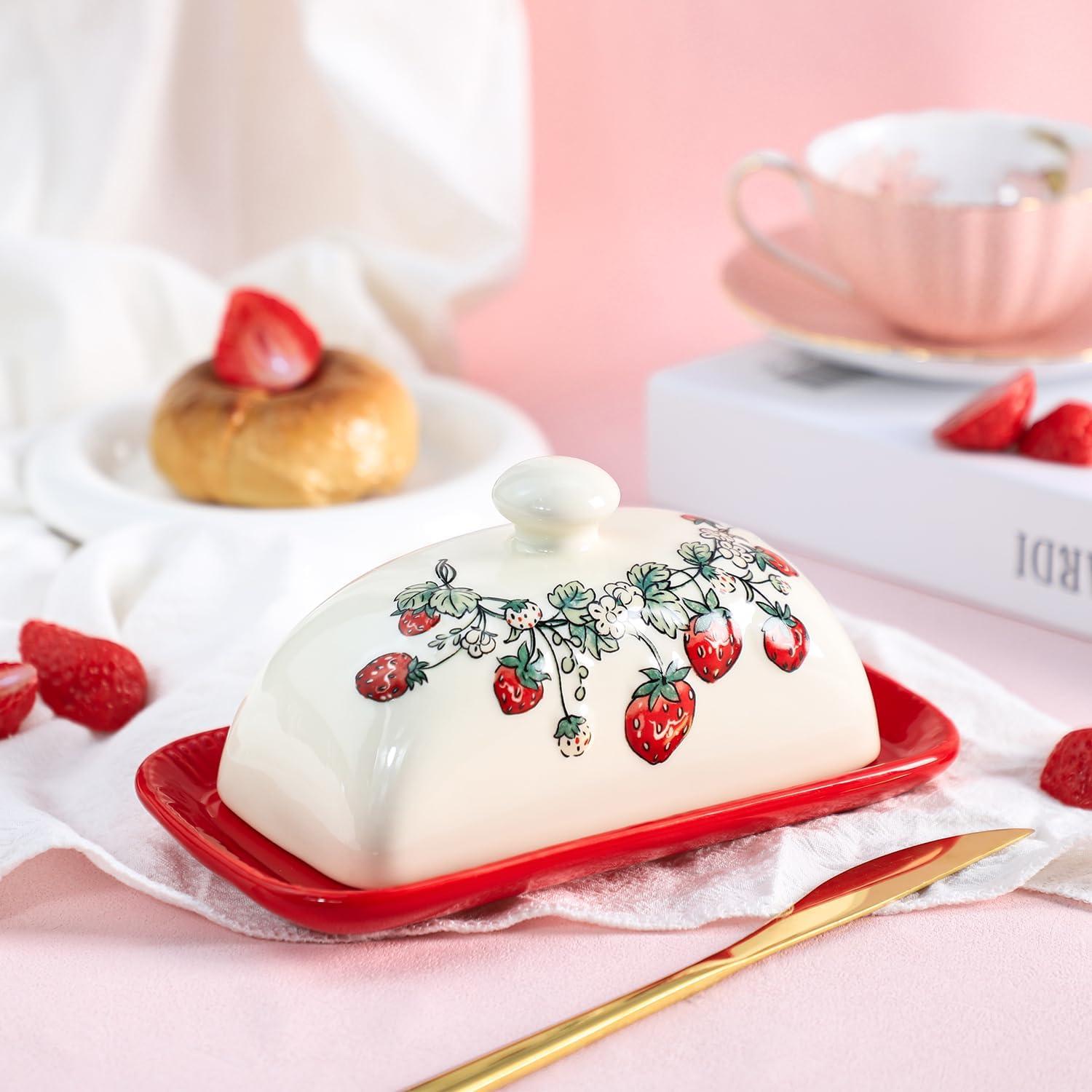Plato de Mantequilla Cerámica Bicuzat con Tapa Vintage Fresas