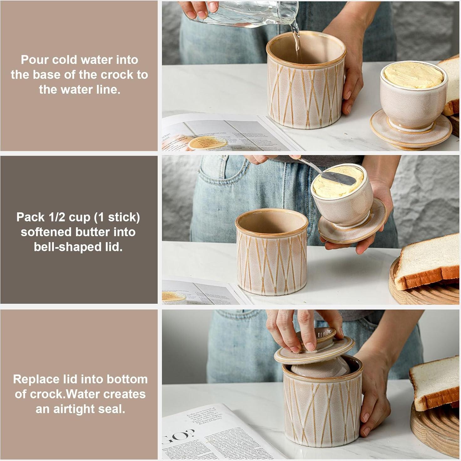 Crock de Mantequilla Cerámica HVH con Agua y Tapa 10.16 cm