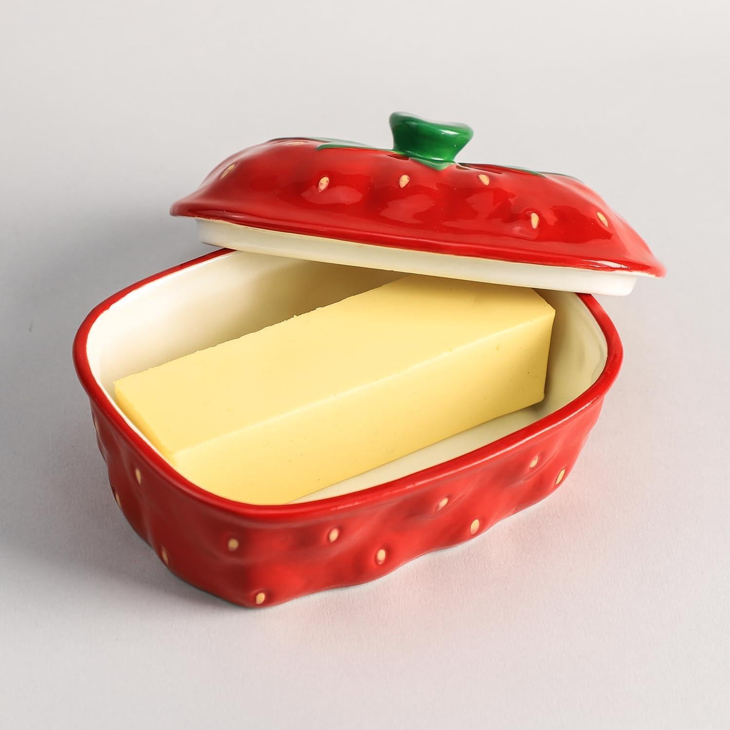 Plato de Mantequilla de Cerámica con Tapa Patrón Fresa