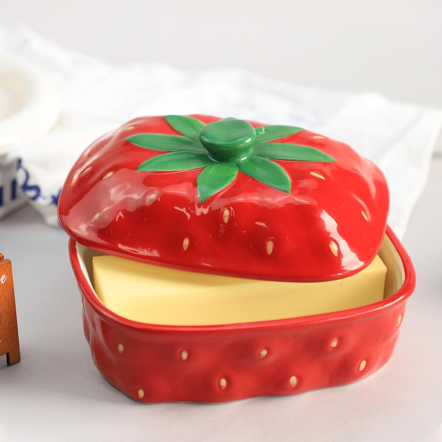 Plato de Mantequilla de Cerámica con Tapa Patrón Fresa