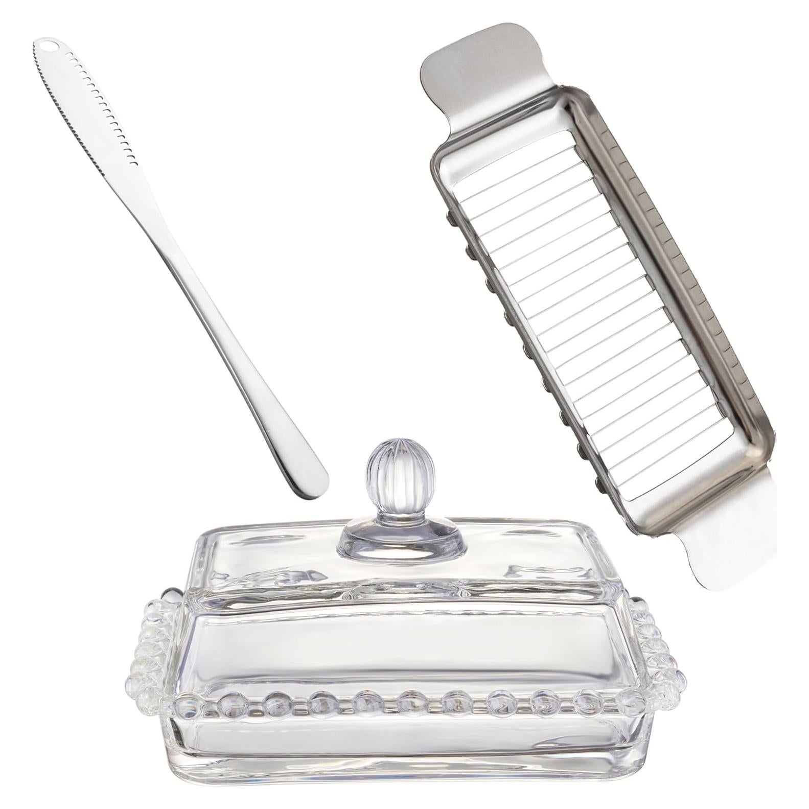 Plato de Mantequilla de Vidrio con Tapa y Cuchillo - 17cm