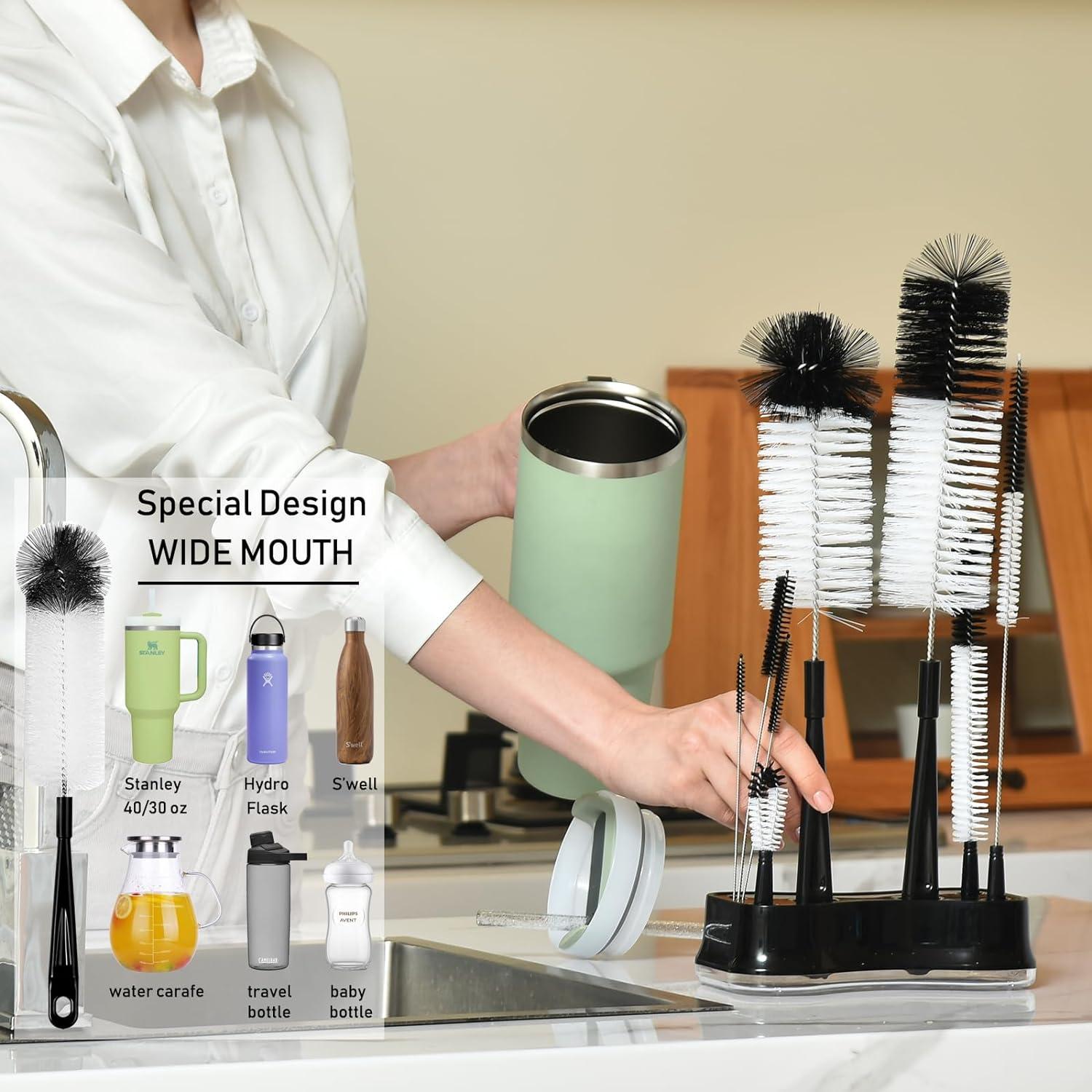 ALINK Juego de 8 Cepillos de Botellas con Soporte Negro