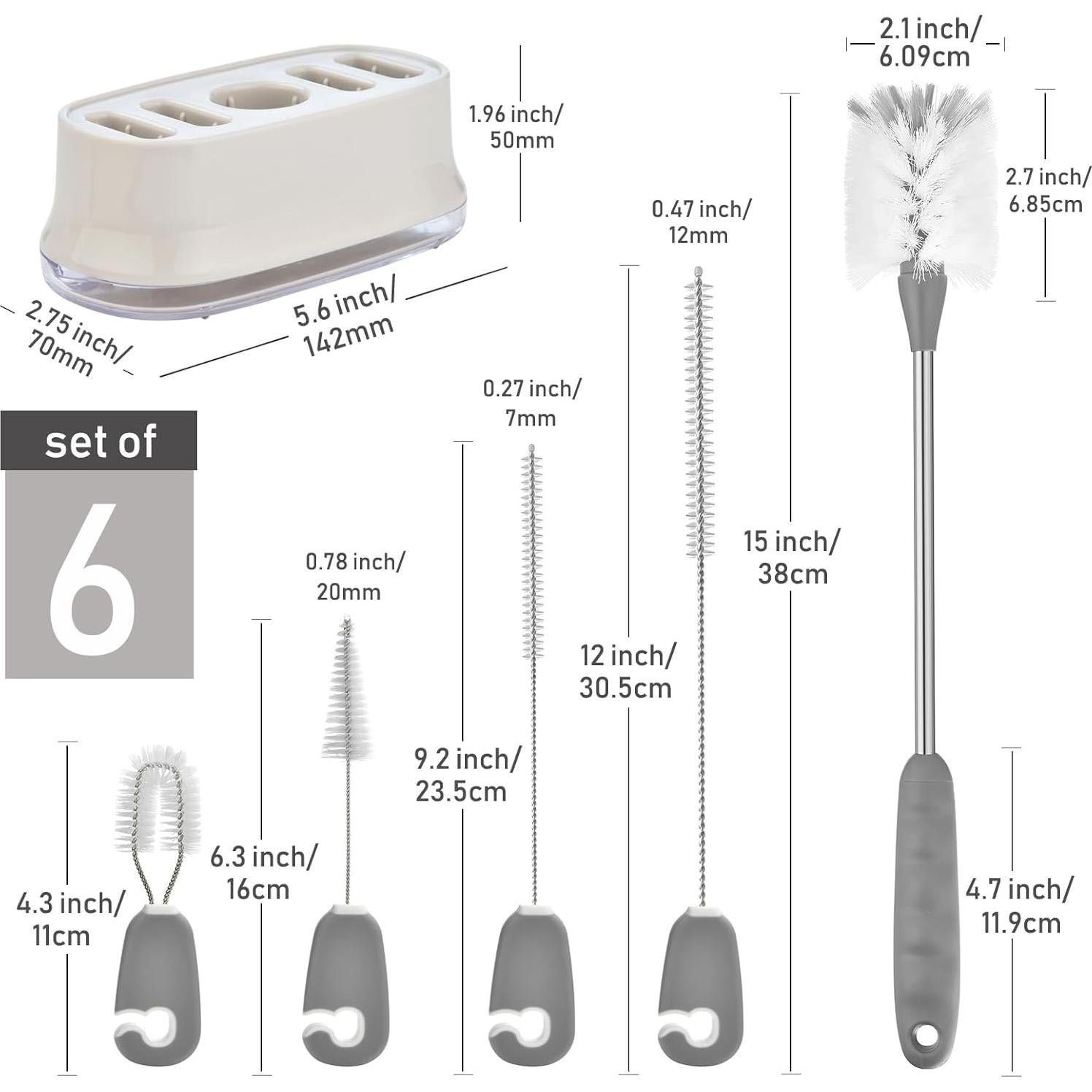 ALINK Juego de 5 Cepillos para Botellas y Pajitas - Gris
