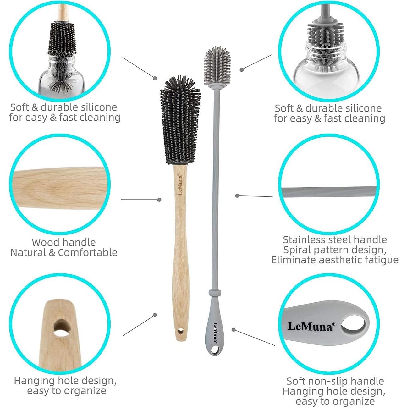 Juego de Cepillos de Silicona LeMuna - 3 Piezas para Botellas