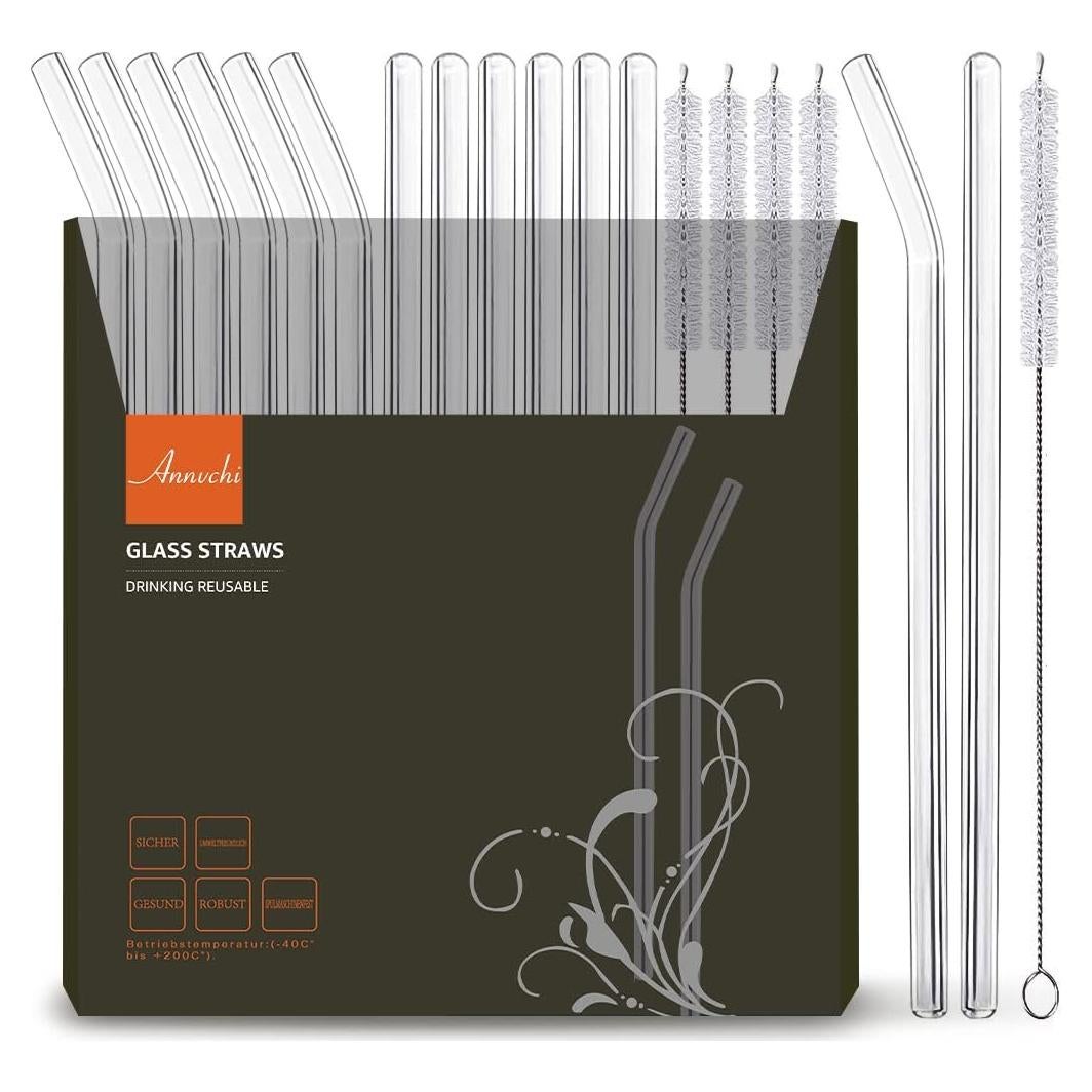 Paquete de 16 Pajitas de Vidrio Reutilizables ANNVCHI 21.6 cm