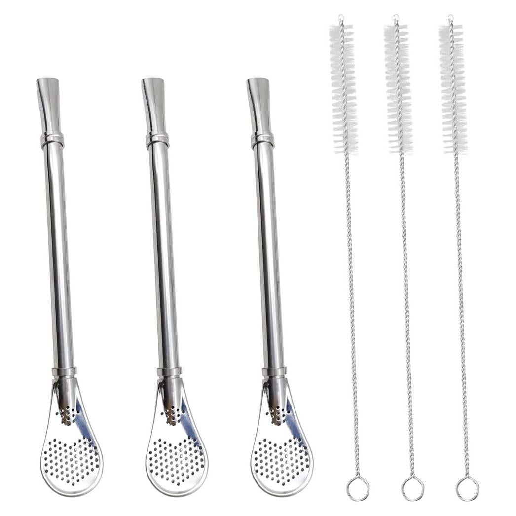 GFDesign Yerba Mate Bombilla Gourd Drinking Filter Straws 304 Food-Grade 18/8 Stainless Steel - Set of 2 with Cleaning Brush - 6.1" Long