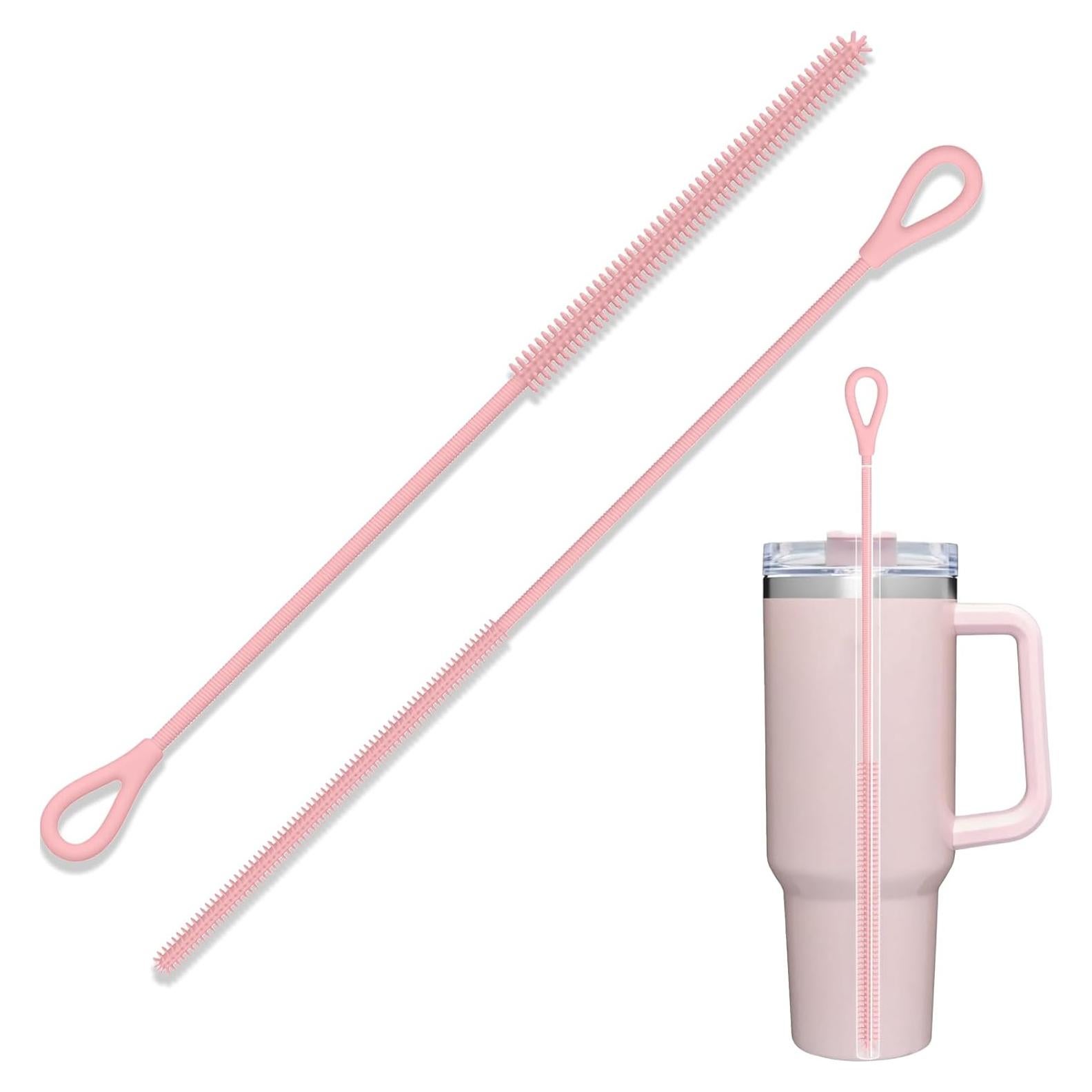 Extra Long Silicone Straw Cleaner Brush，2 Pcs Reusable Straw Brush for Cleaning 8-10mm Straws,Soft and Bendable Anti Slip Handle (Pink)