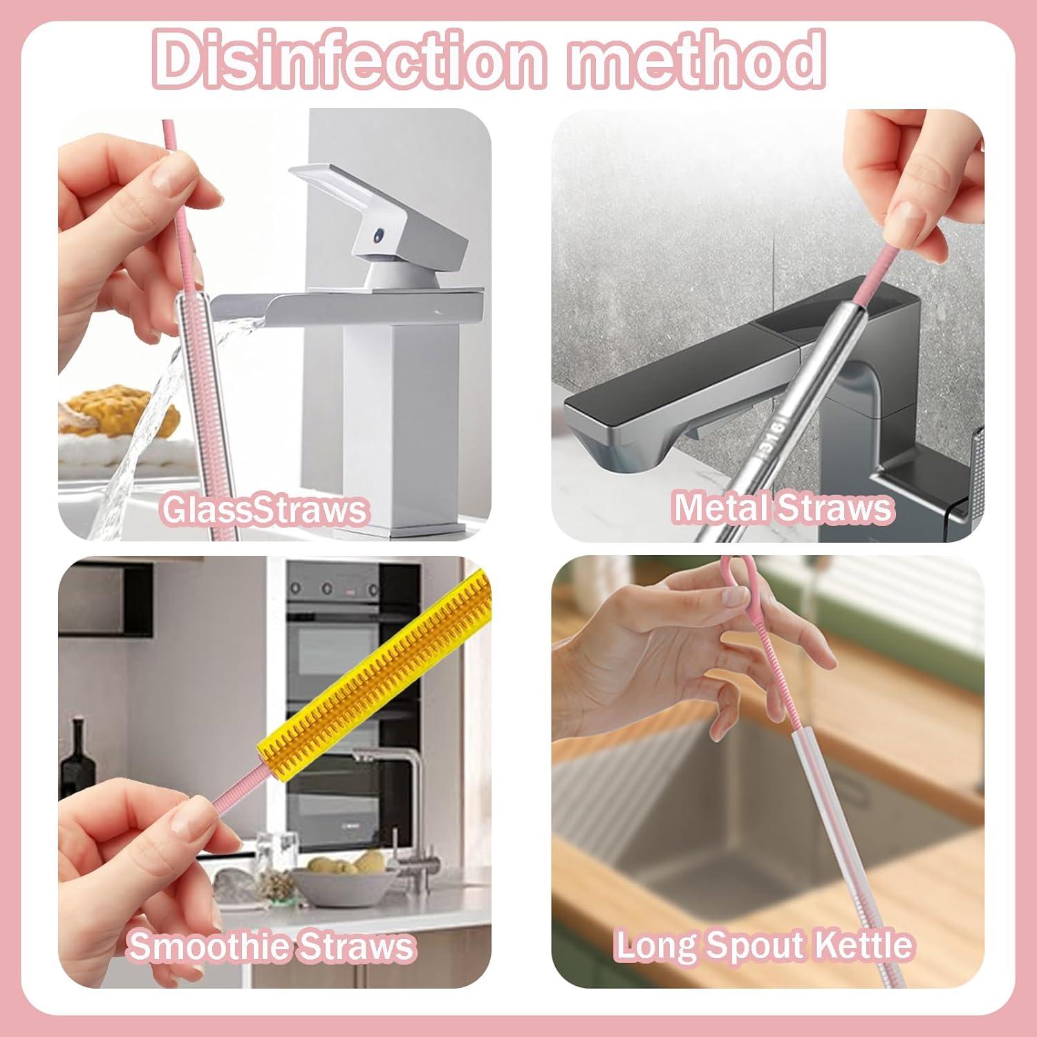 Extra Long Silicone Straw Cleaner Brush，2 Pcs Reusable Straw Brush for Cleaning 8-10mm Straws,Soft and Bendable Anti Slip Handle (Pink)