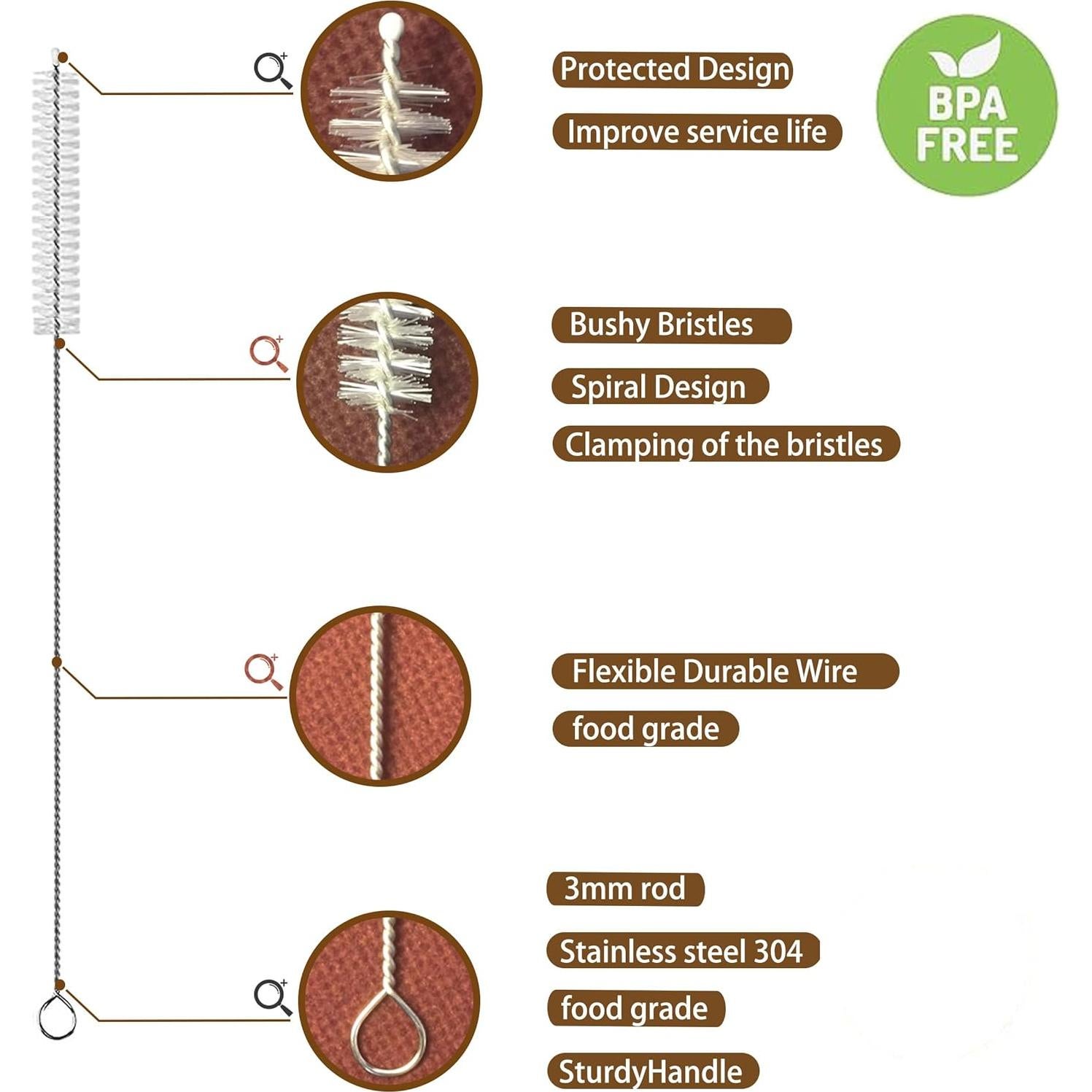 Cepillo Limpiador de Pajitas CIDYAUST - Acero Inoxidable 304 - 10 Piezas