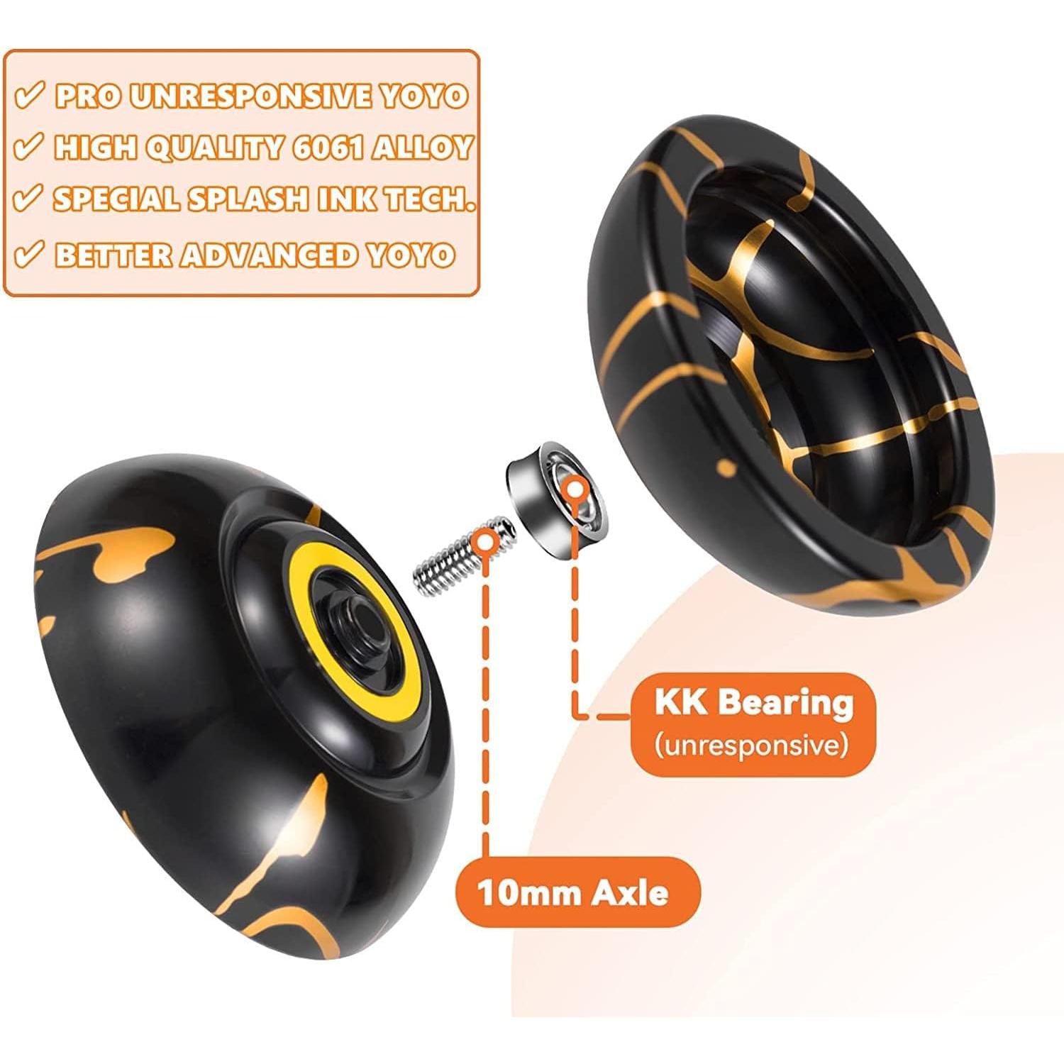 MAGICYOYO Dual Purpose Yoyos - N11 Black Golden Alloy Professional Unresponsive Yo Yo and K2 Blue Pink Yellow Plastic Responsive Yo-yo with Bearings Kit and 2 Bags, 12 Strings