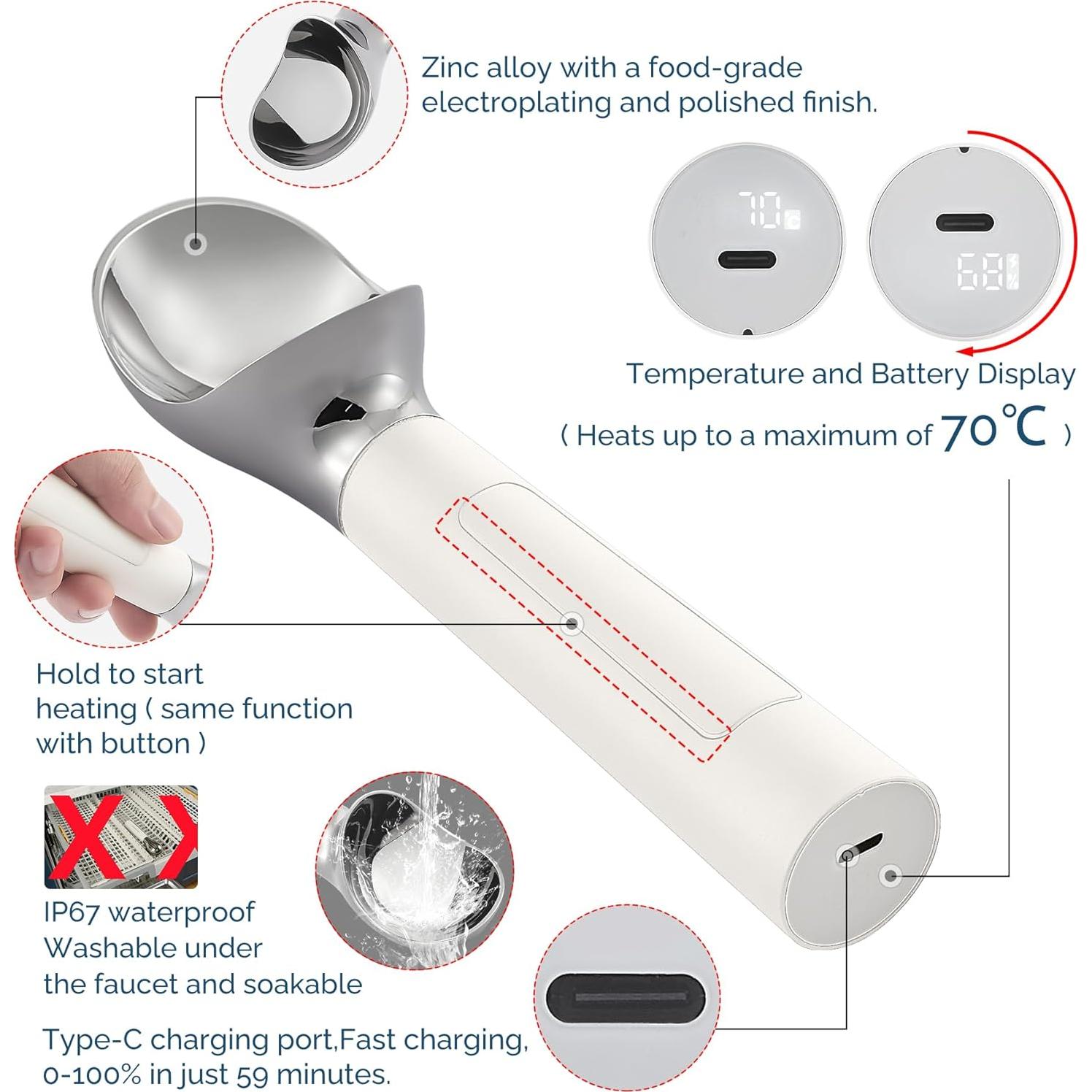 Cuchara de Helado Calentada Recargable IP67 - 70°C - Blanca