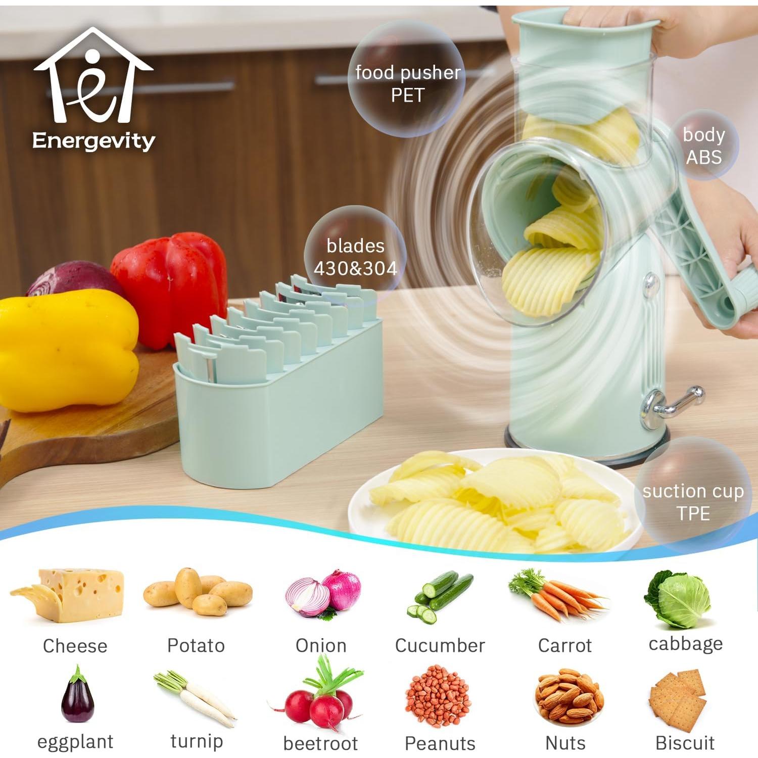 Rallador de Queso Manual ENERGEVITY 5 en 1 Acero Inoxidable Verde