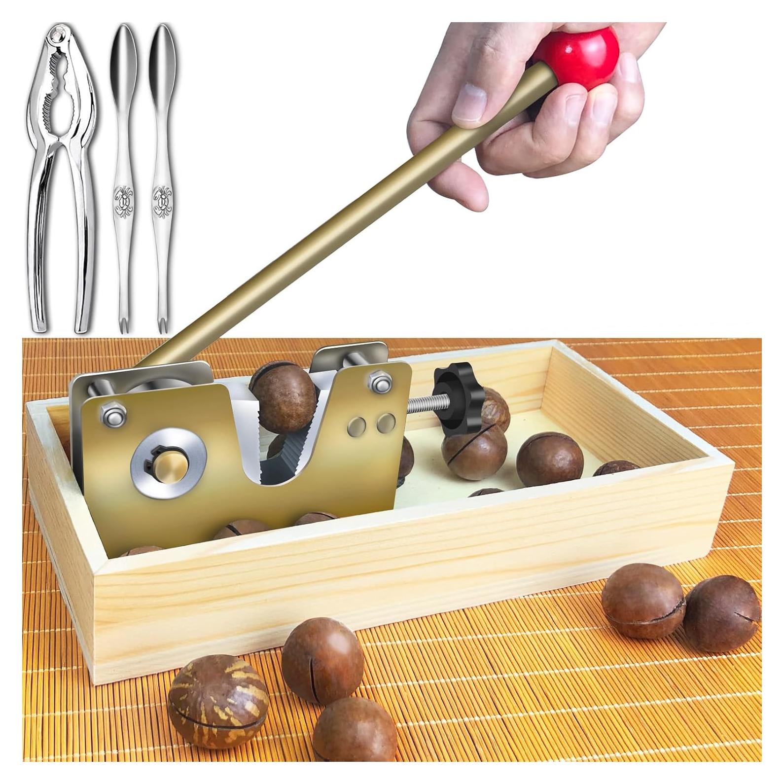 Cascar de Nueces Macadamia Artcome con Base de Madera y Tenedores