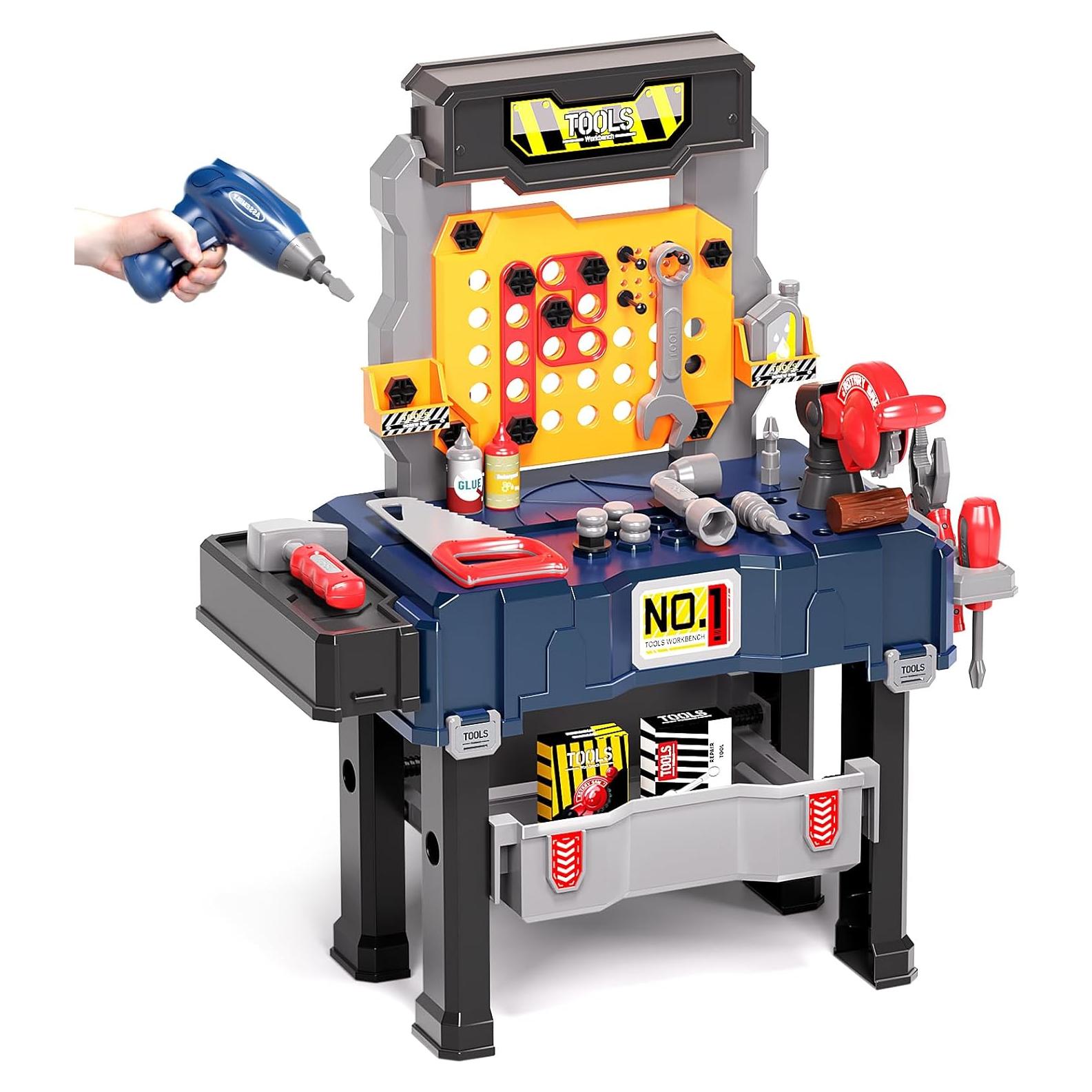 Banco de herramientas para niños Deejoy, taladro eléctrico y caja