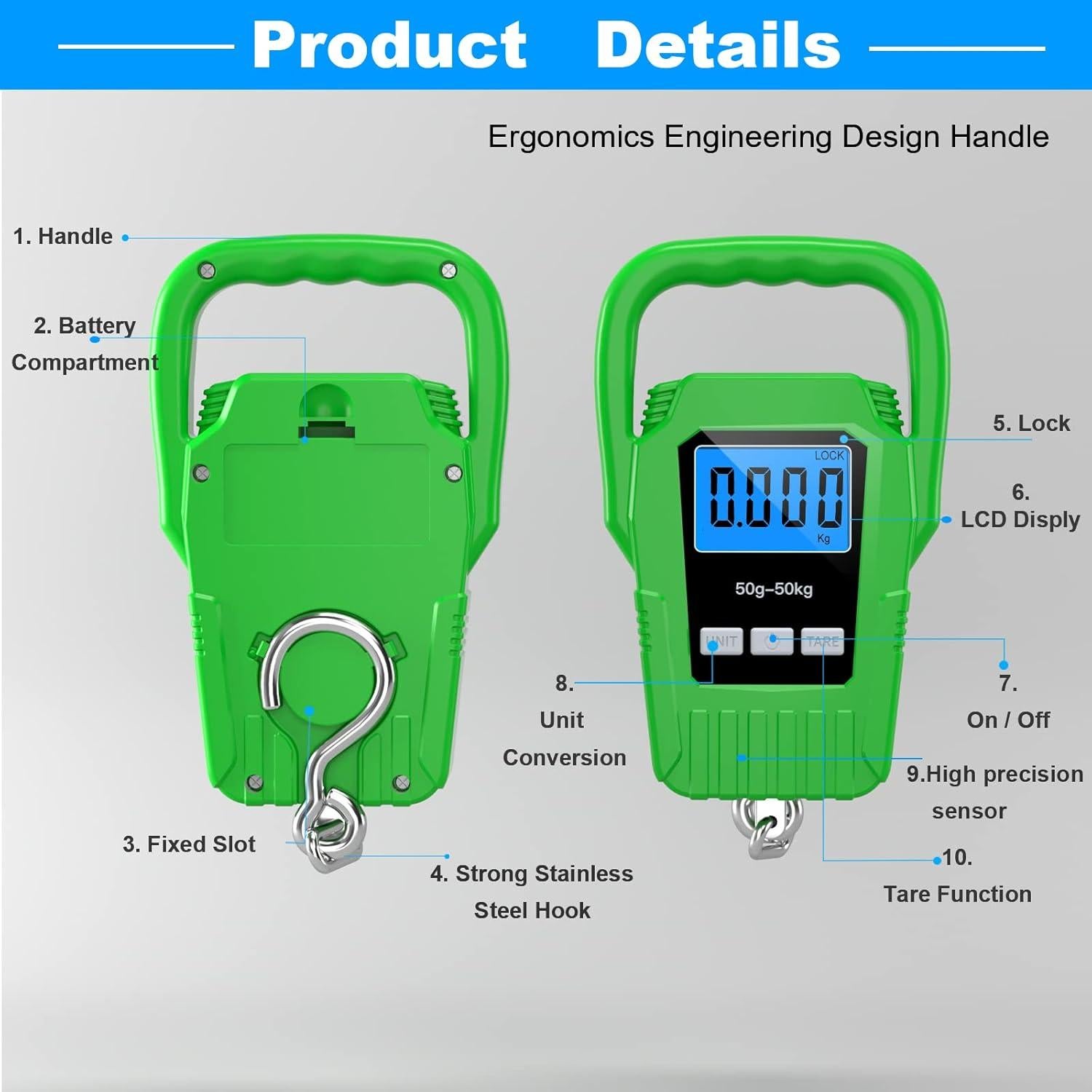 Báscula Digital Colgante SKEAP 50kg con Pantalla LCD Verde