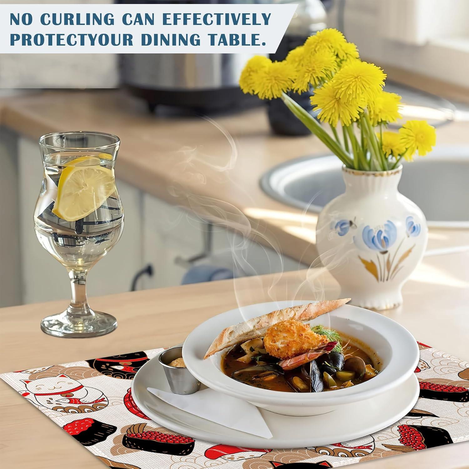 Manteles Individuales Lino IGPPDO Gato Maneki Neko 4 Piezas 30x45 cm