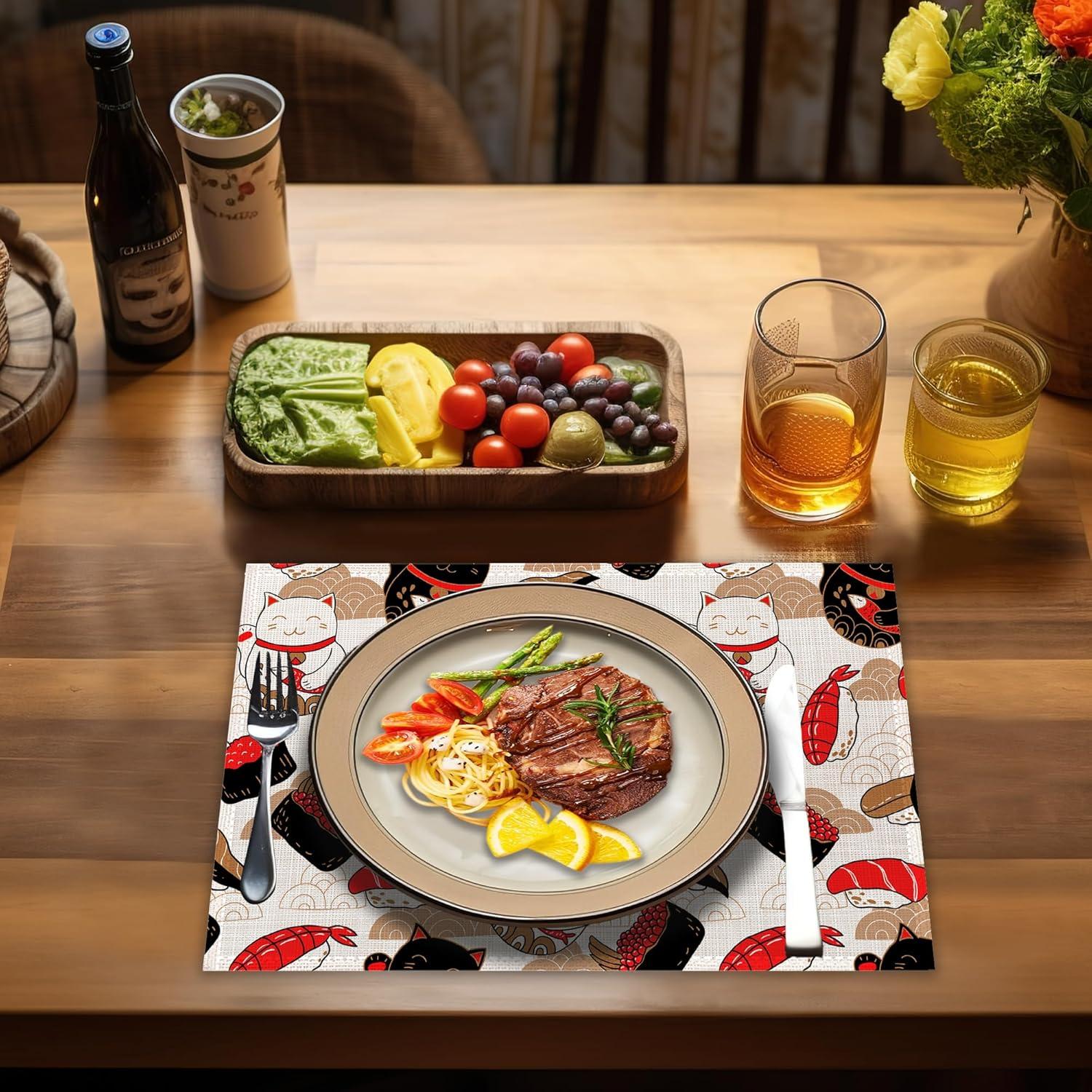 Manteles Individuales Lino IGPPDO Gato Maneki Neko 4 Piezas 30x45 cm