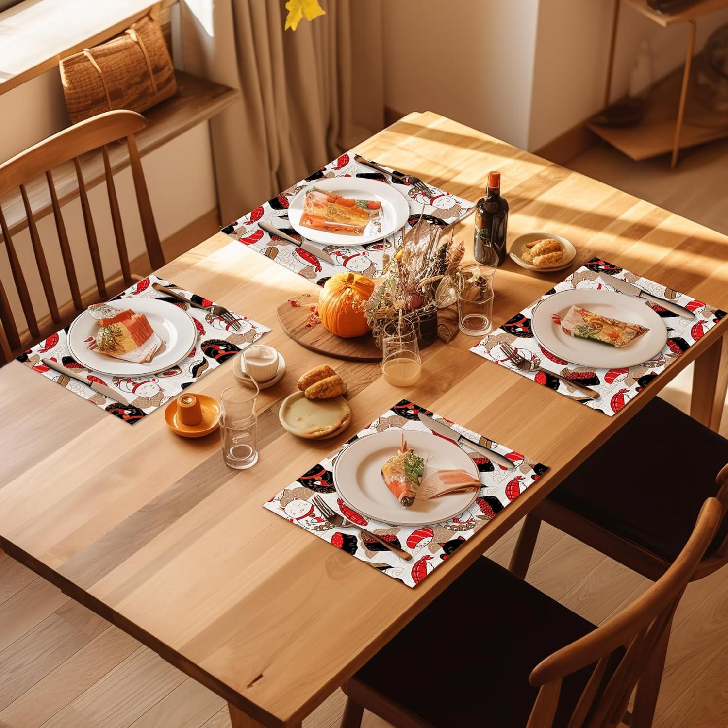 Manteles Individuales Lino IGPPDO Gato Maneki Neko 4 Piezas 30x45 cm