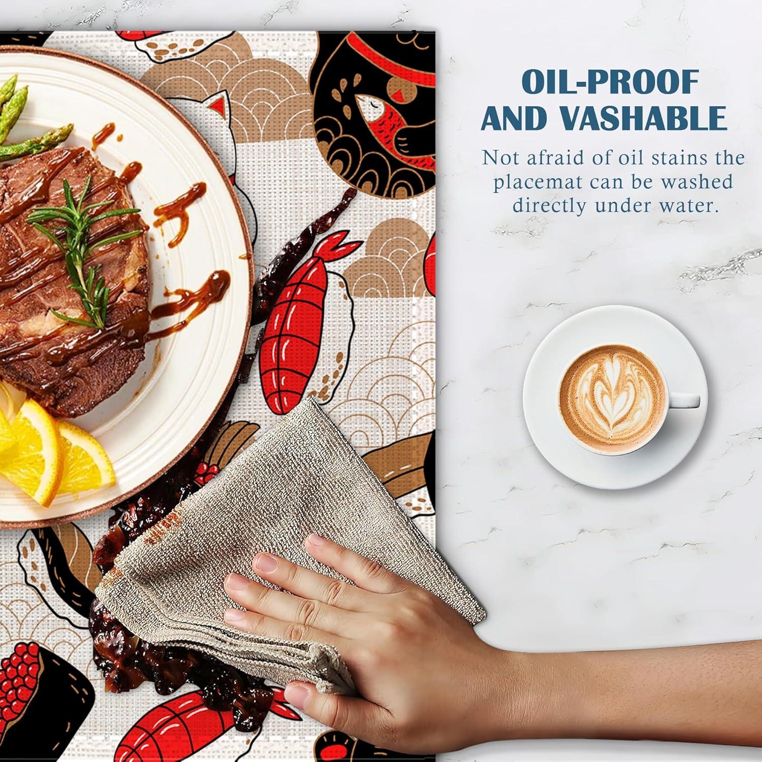 Manteles Individuales Lino IGPPDO Gato Maneki Neko 4 Piezas 30x45 cm