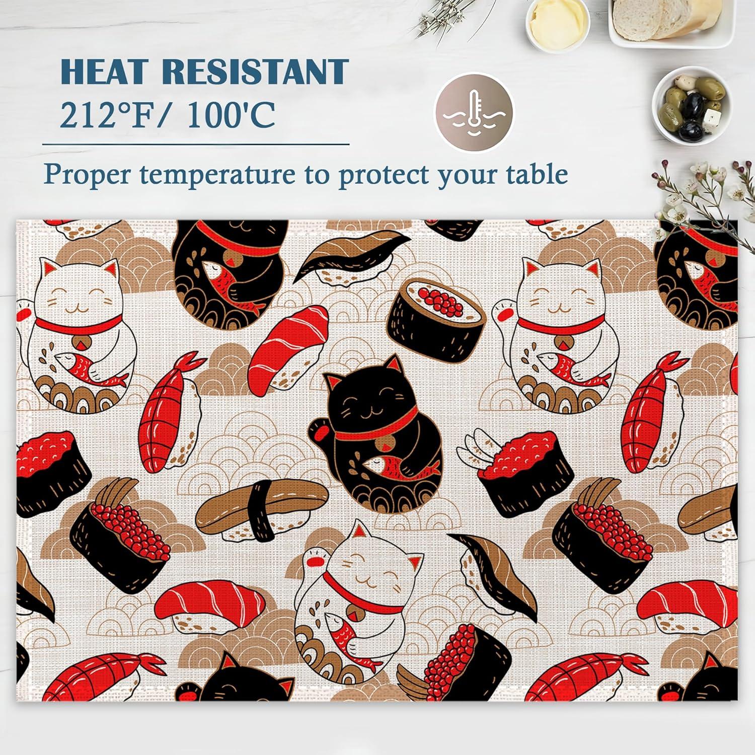 Manteles Individuales Lino IGPPDO Gato Maneki Neko 4 Piezas 30x45 cm