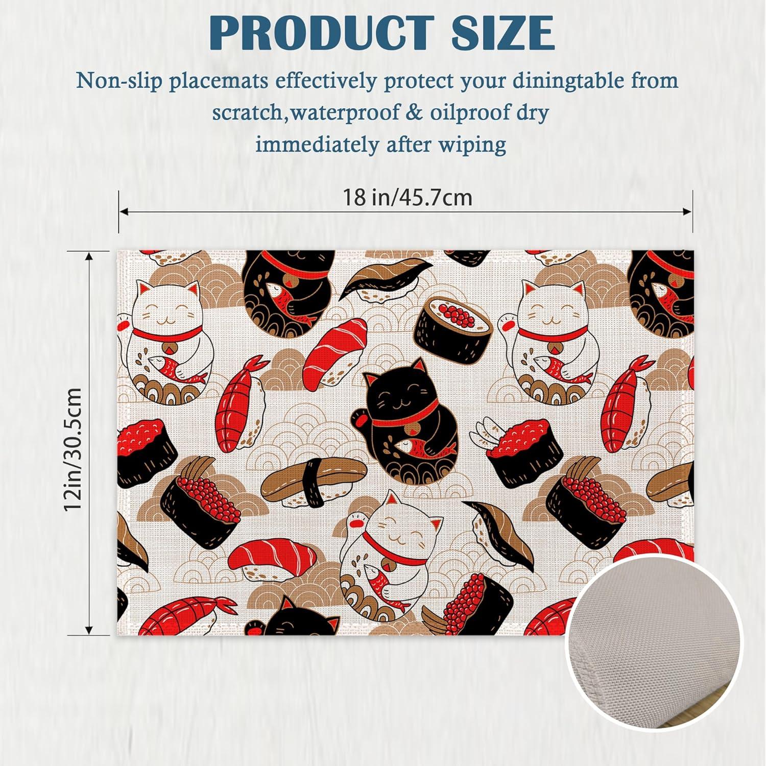 Manteles Individuales Lino IGPPDO Gato Maneki Neko 4 Piezas 30x45 cm