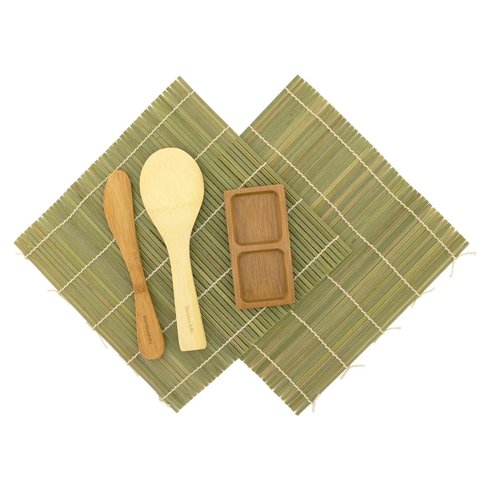 Kit de Sushi BambooMN - 2 Esteras de Bambú Verde, Cucharón y Plato