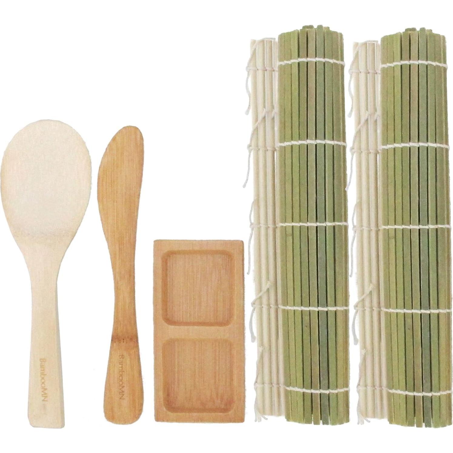 Kit de Sushi BambooMN - 2 Esteras de Bambú Verde, Cucharón y Plato