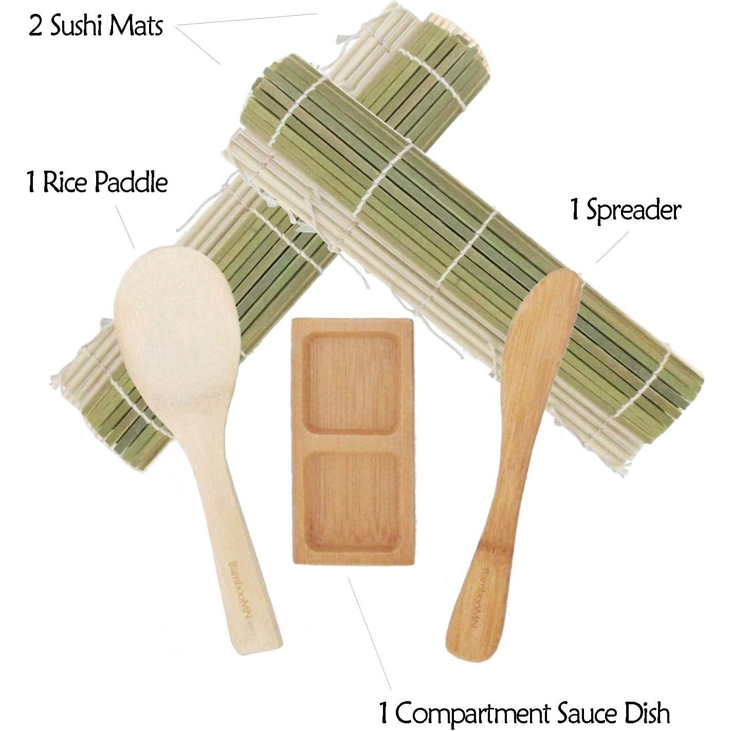 Kit de Sushi BambooMN - 2 Esteras de Bambú Verde, Cucharón y Plato