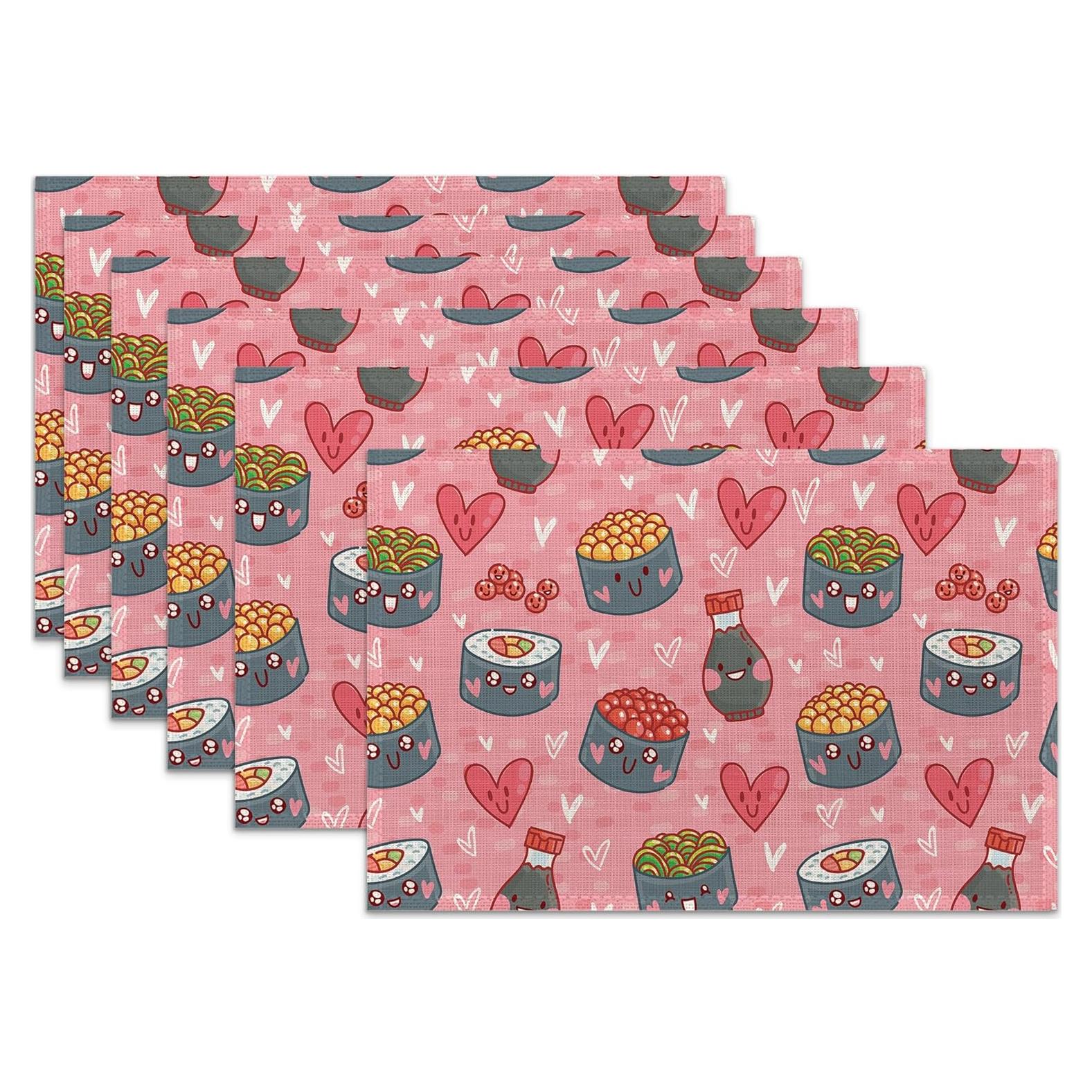 Manteles Kawaii Sushi Rojo Set de 6 Lino 30.48x45.72 cm