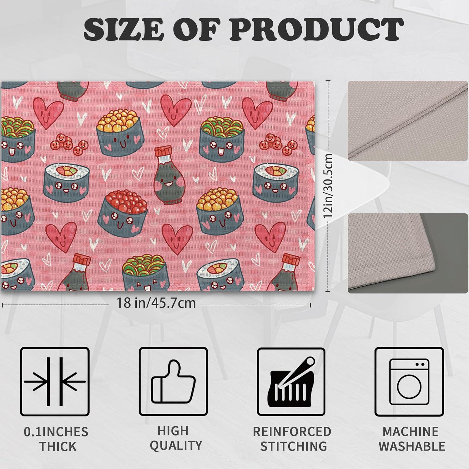 Manteles Kawaii Sushi Rojo Set de 6 Lino 30.48x45.72 cm