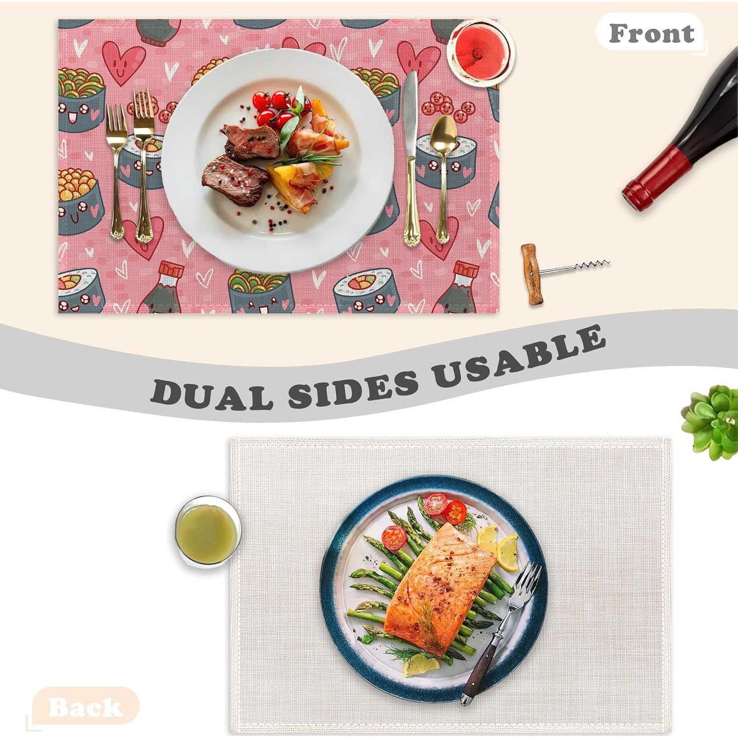 Manteles Kawaii Sushi Rojo Set de 6 Lino 30.48x45.72 cm