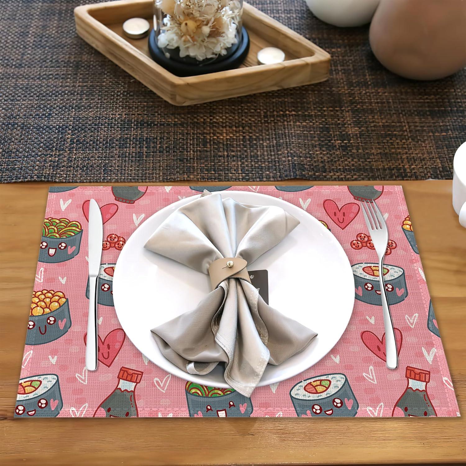 Manteles Kawaii Sushi Rojo Set de 6 Lino 30.48x45.72 cm