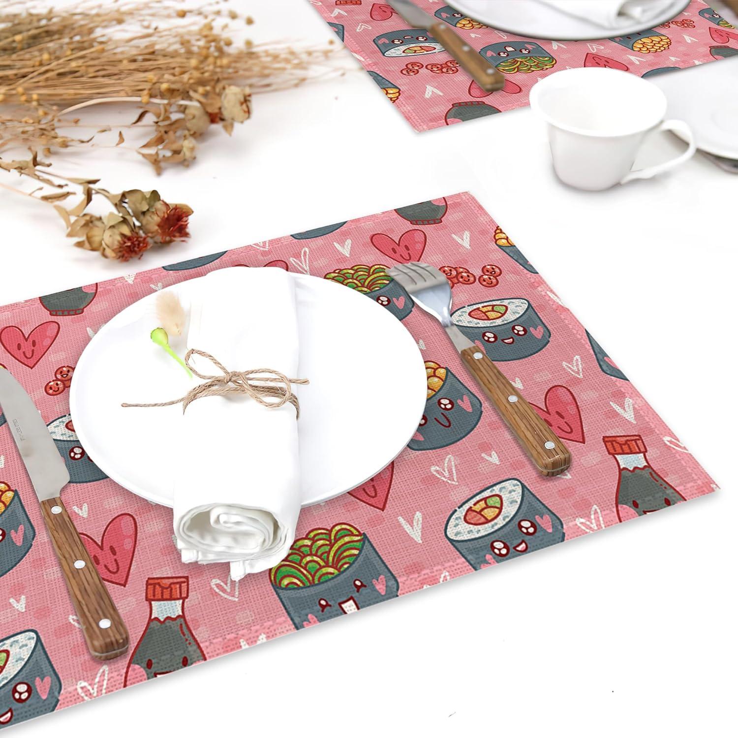 Manteles Kawaii Sushi Rojo Set de 6 Lino 30.48x45.72 cm