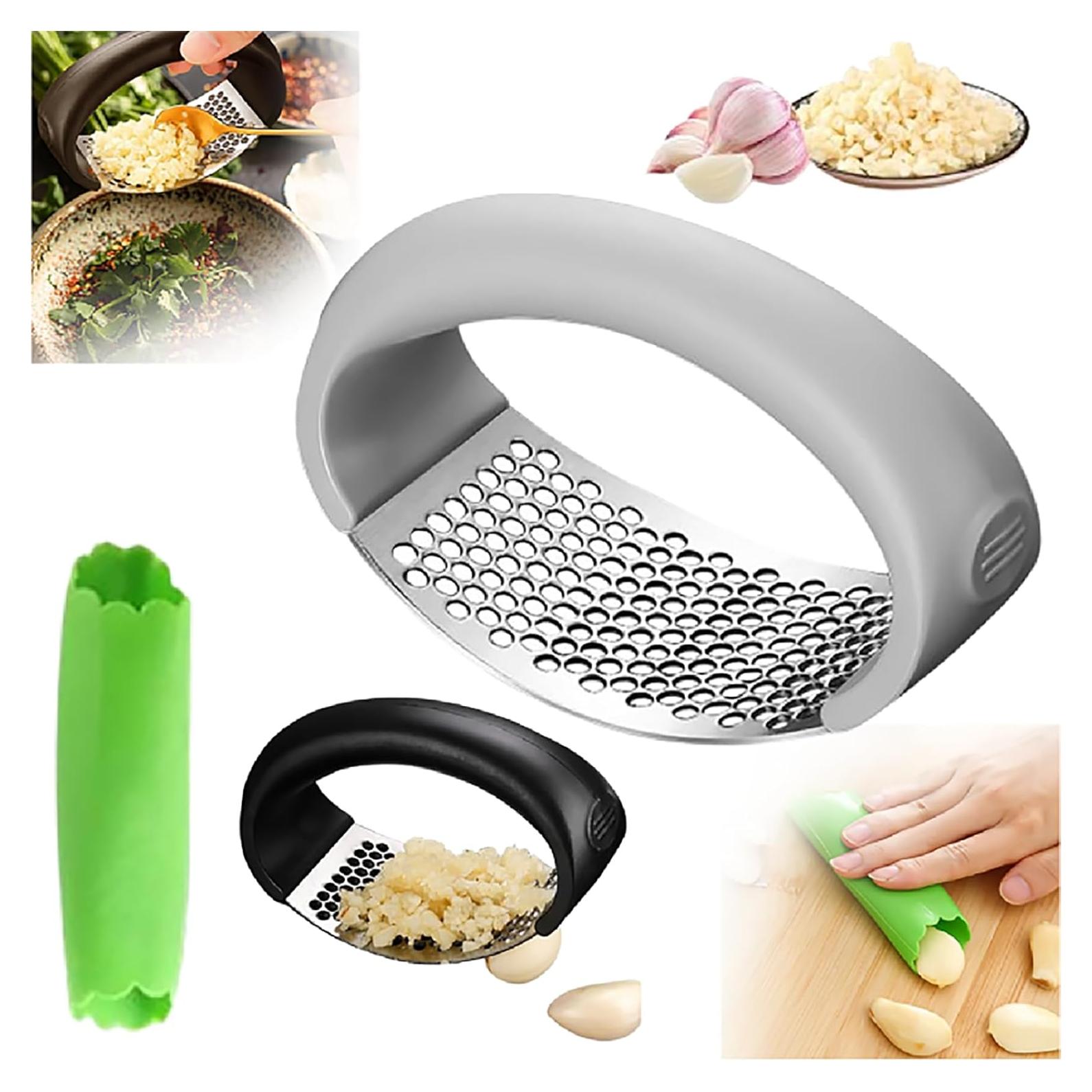 Prensador de Ajo de Acero Inoxidable HISKI con Pelador Gris