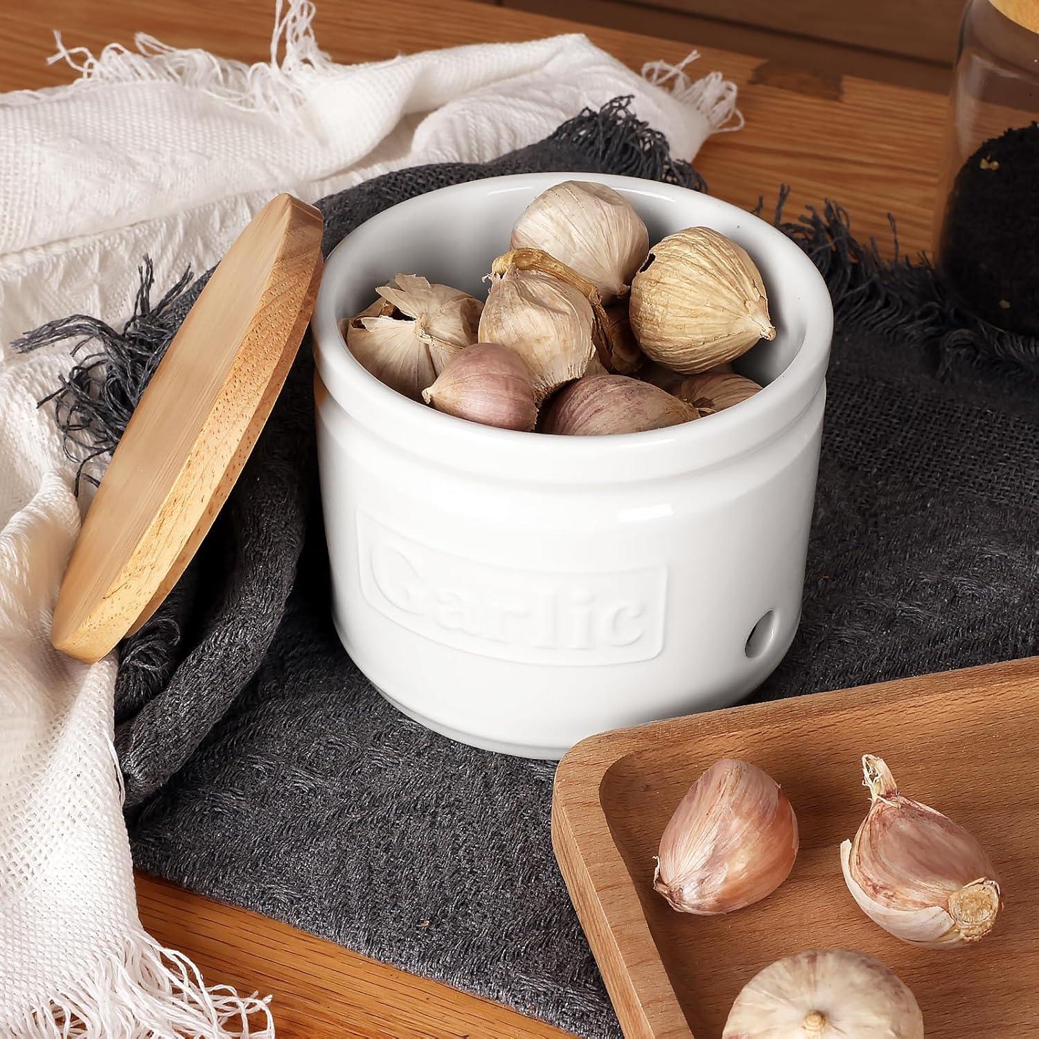 Conservador de Ajo ONTUBE Cerámica con Tapa de Madera 10.16 cm