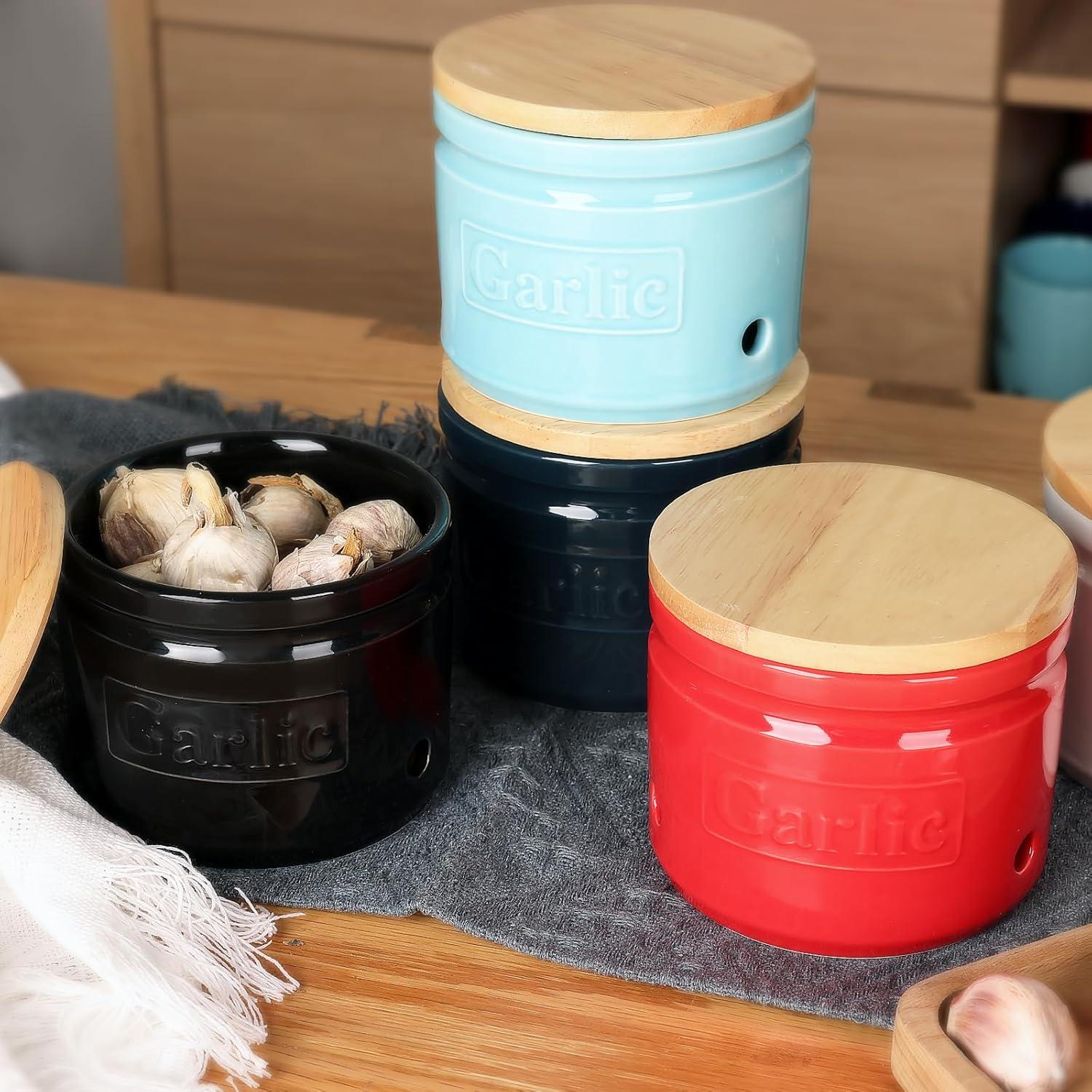 Conservador de Ajo ONTUBE Cerámica con Tapa de Madera 10.16 cm