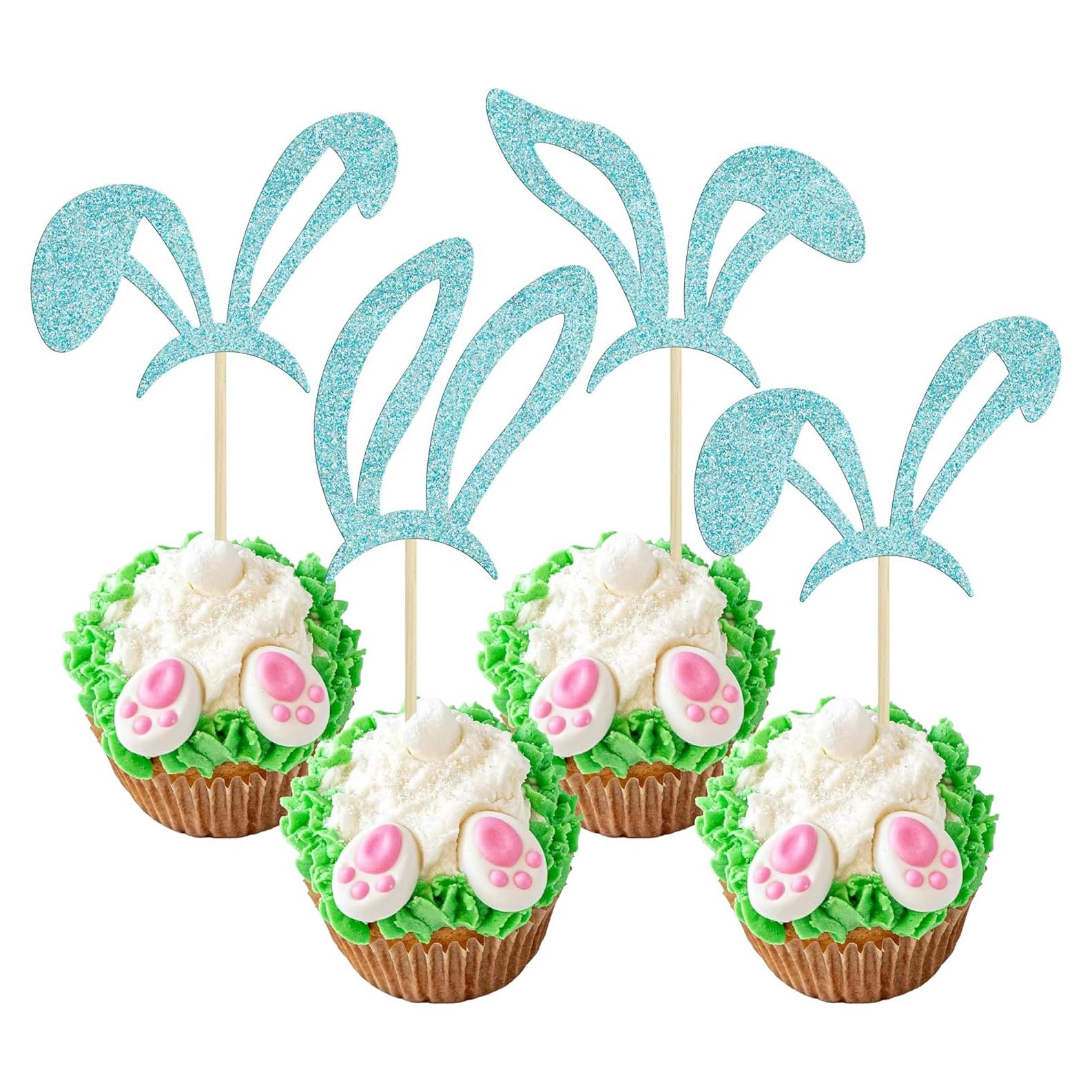 Ephlyn 24 Pcs Adornos de Cupcake Conejo Pascua Azul