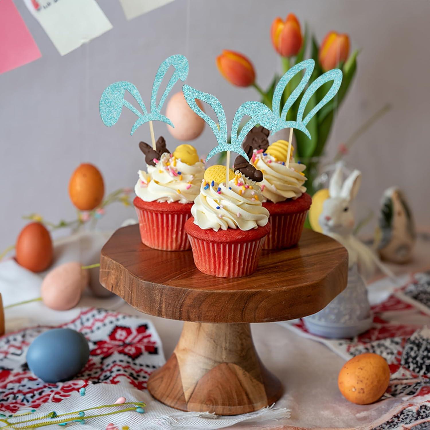 Ephlyn 24 Pcs Adornos de Cupcake Conejo Pascua Azul
