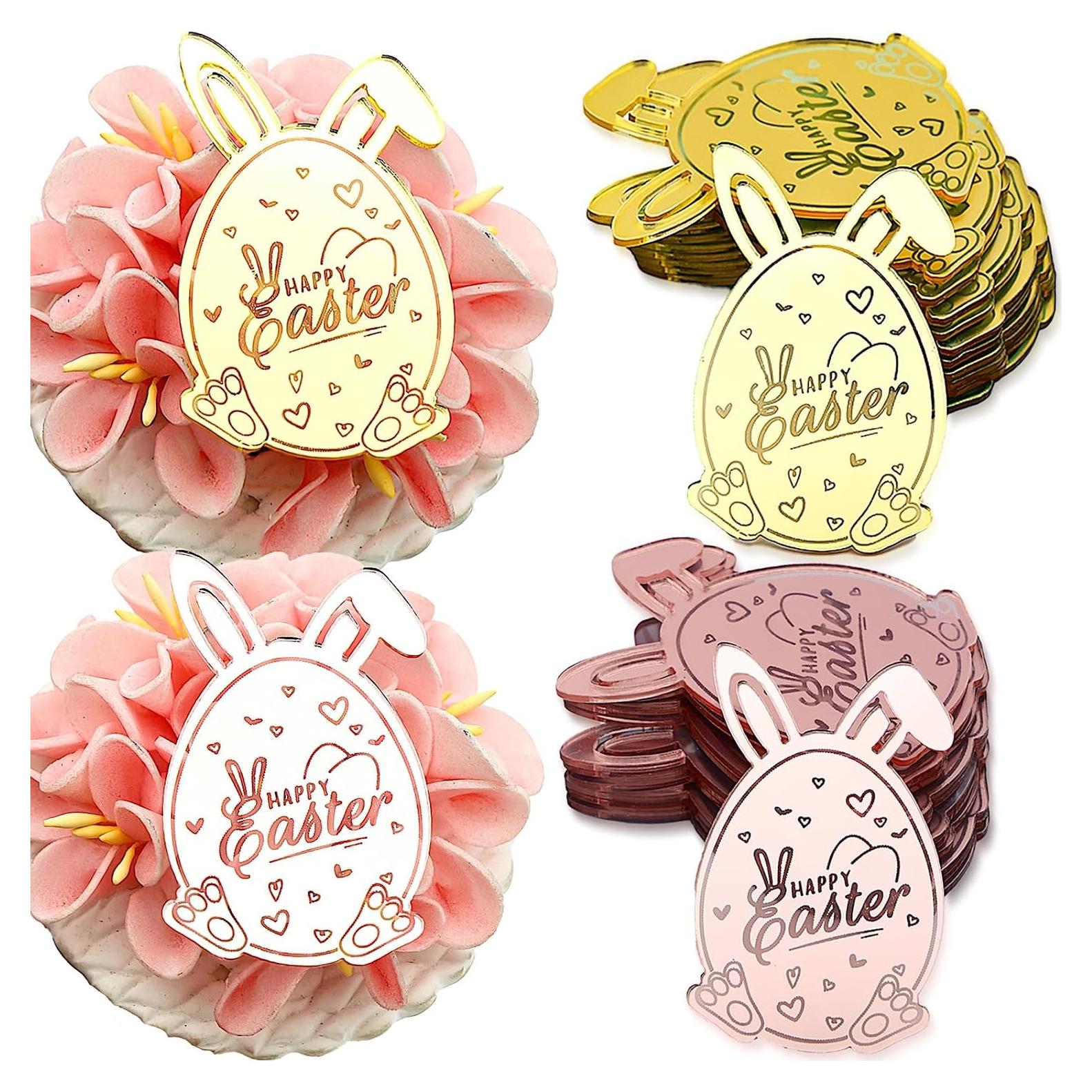 Set 24 Adornos de Cupcakes AiQi Bake Huevo Conejo Pascua Oro Rosa