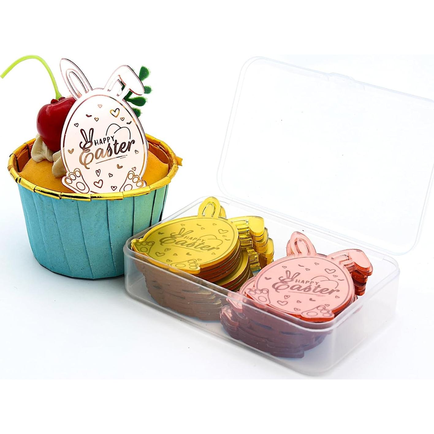 Set 24 Adornos de Cupcakes AiQi Bake Huevo Conejo Pascua Oro Rosa