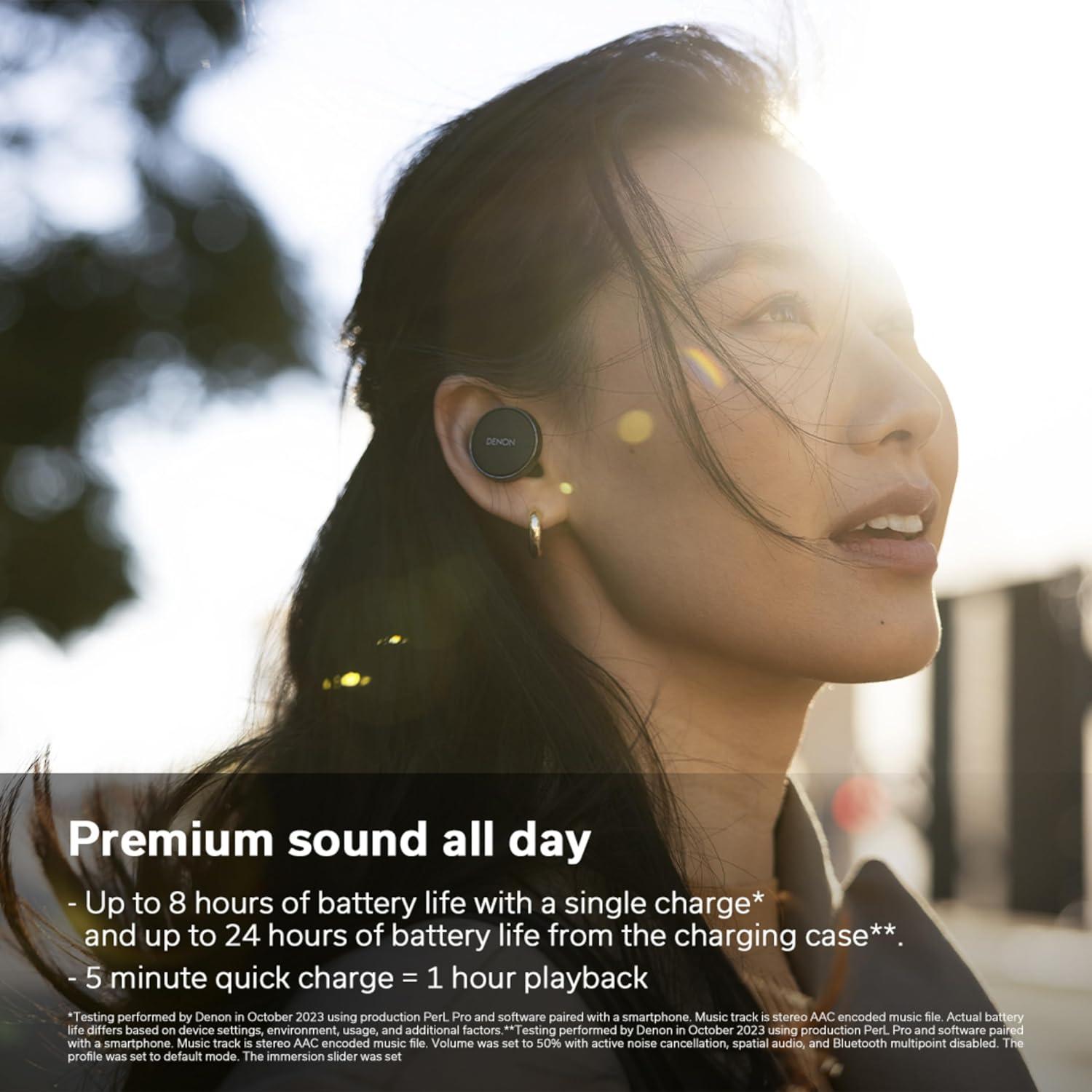 Denon PerL Pro True Wireless Earbuds - Adaptive Active Headphones Wireless Noise Canceling, Masimo Adaptive Acoustic Technology, Spatial Audio, 32Hr Battery Life, Wirefree Charging, Black