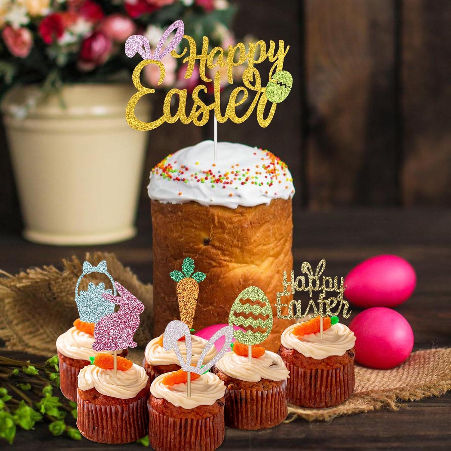 25 Piezas Adornos de Pastel Pascua Wootkey - Conejo, Huevo, Zanahoria