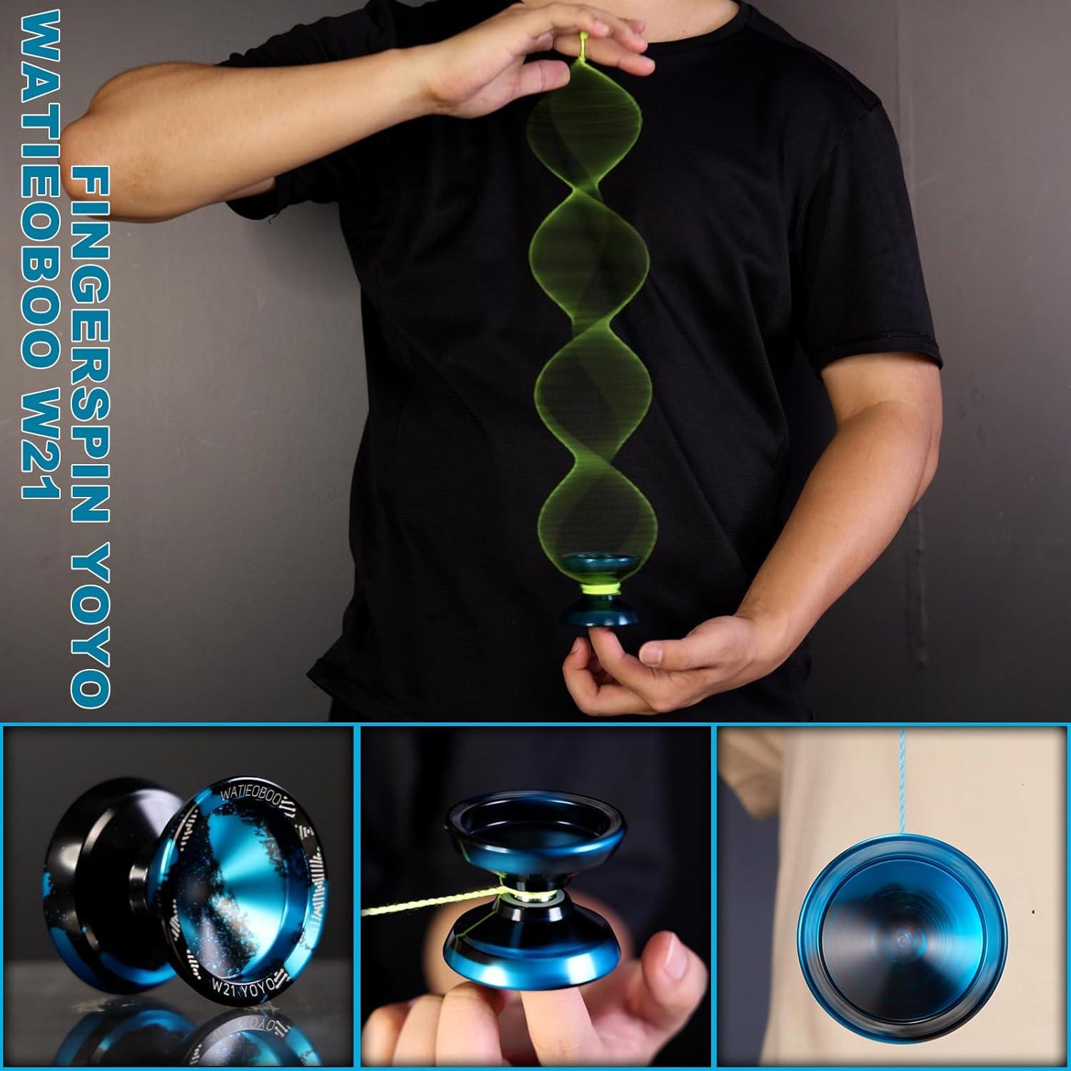 WATIEOBOO Yo yo R8 Responsive Yoyo for Kids, Professional Unresponsive yoyo for Adults Pro Metal Trick Yoyo with Yo-Yo Bearing Kit 10 Strings, Case & Gloves (W21-Black and Blue)