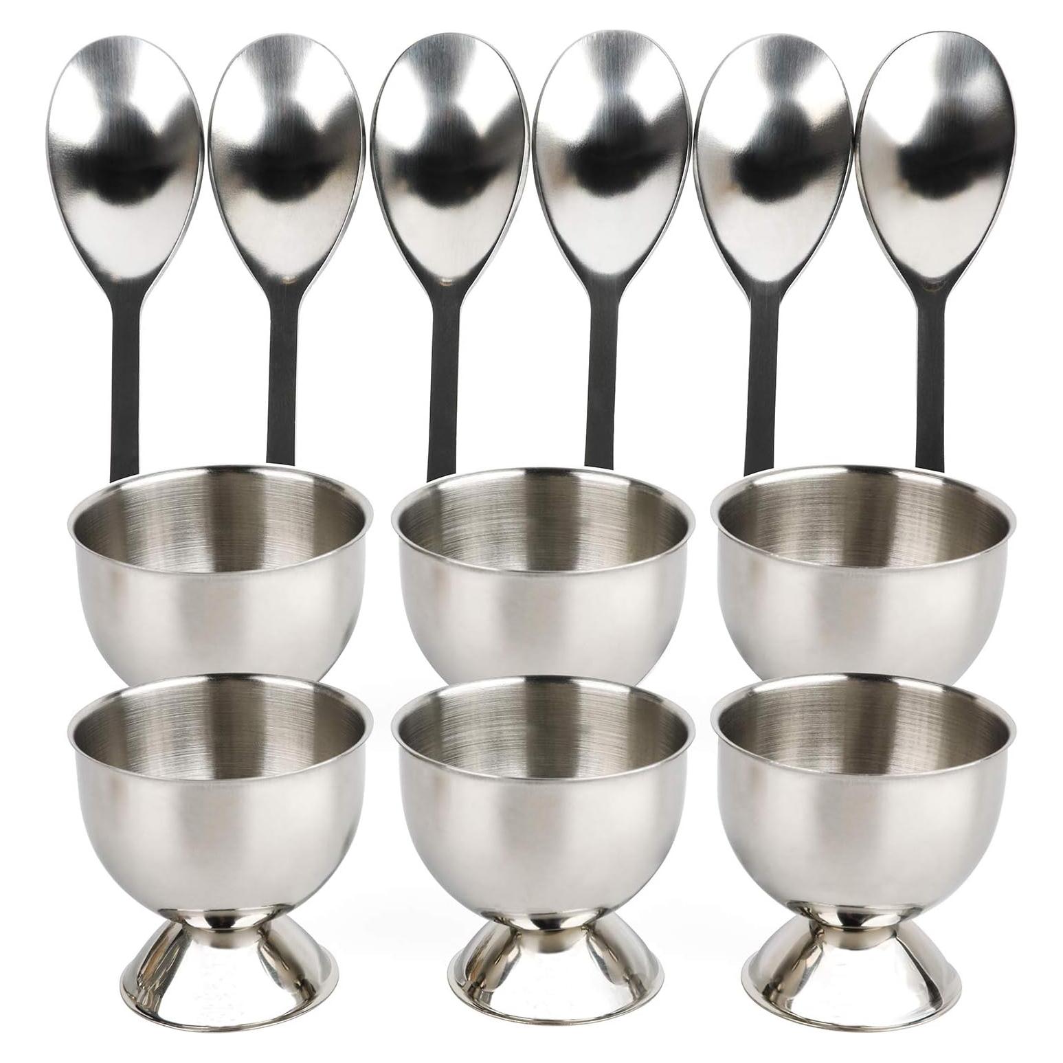 Juego de Tazas de Huevo Acero Inoxidable 6 Soportes y Cucharas