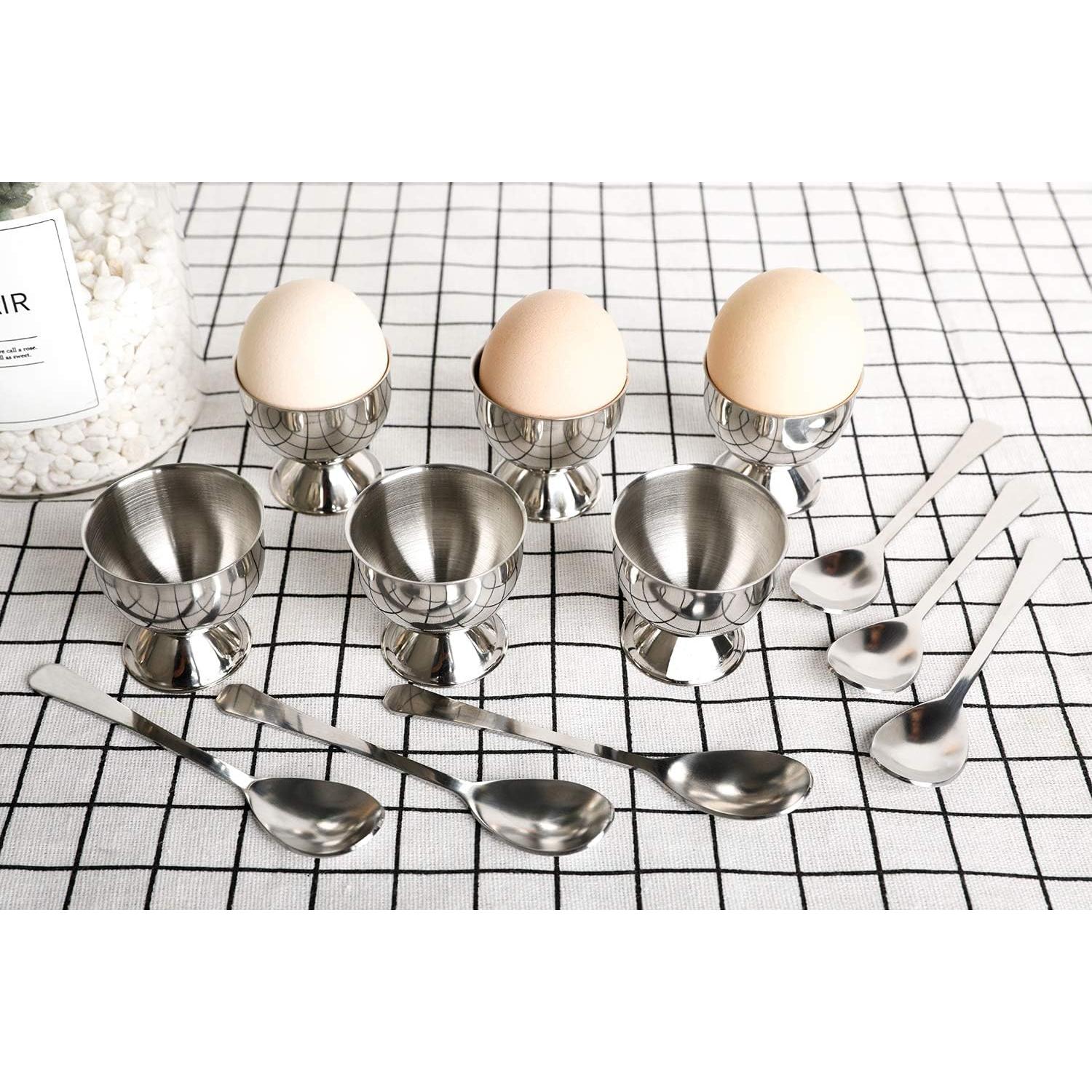 Juego de Tazas de Huevo Acero Inoxidable 6 Soportes y Cucharas