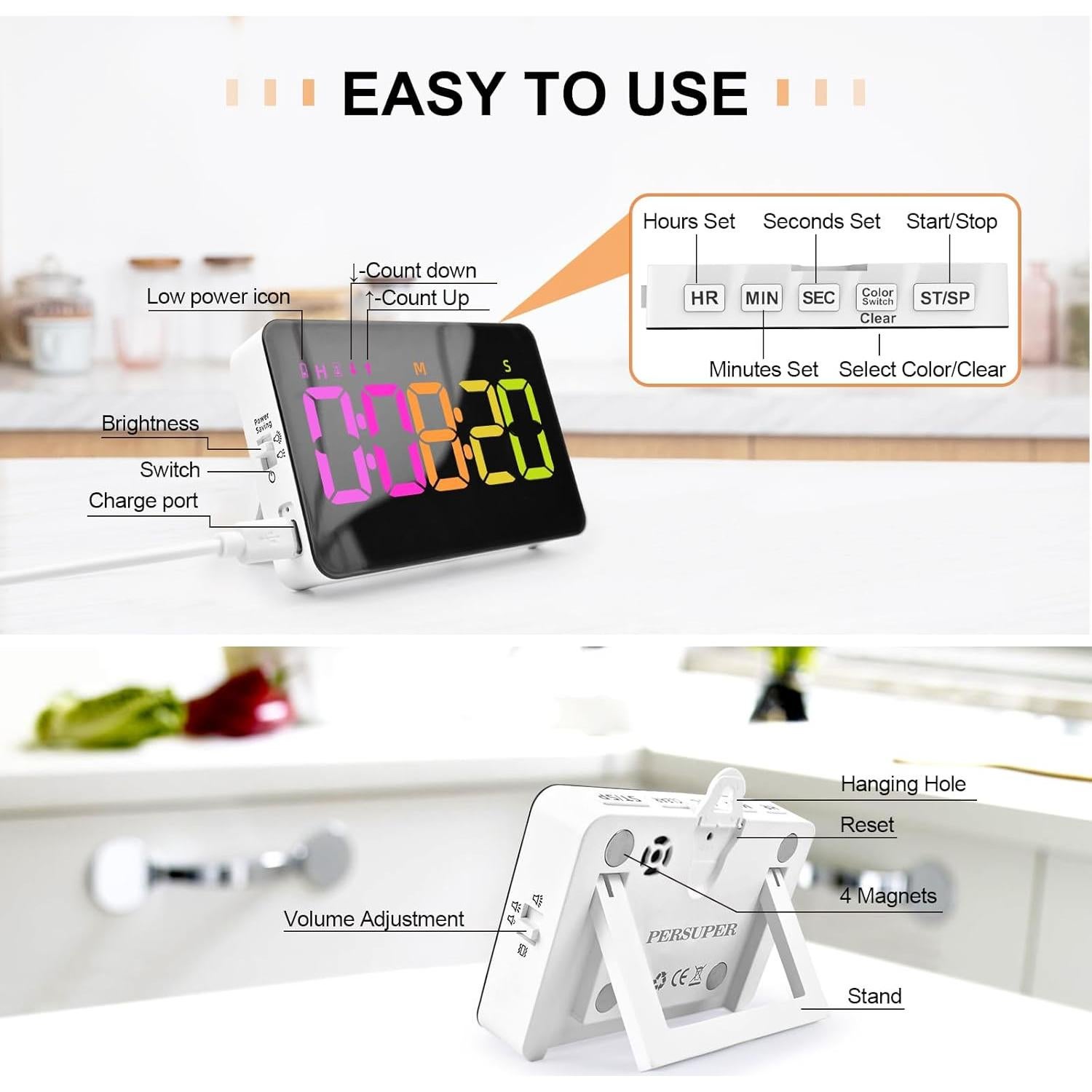 Temporizador Digital de Cocina PERSUPER 10 Horas RGB 5"