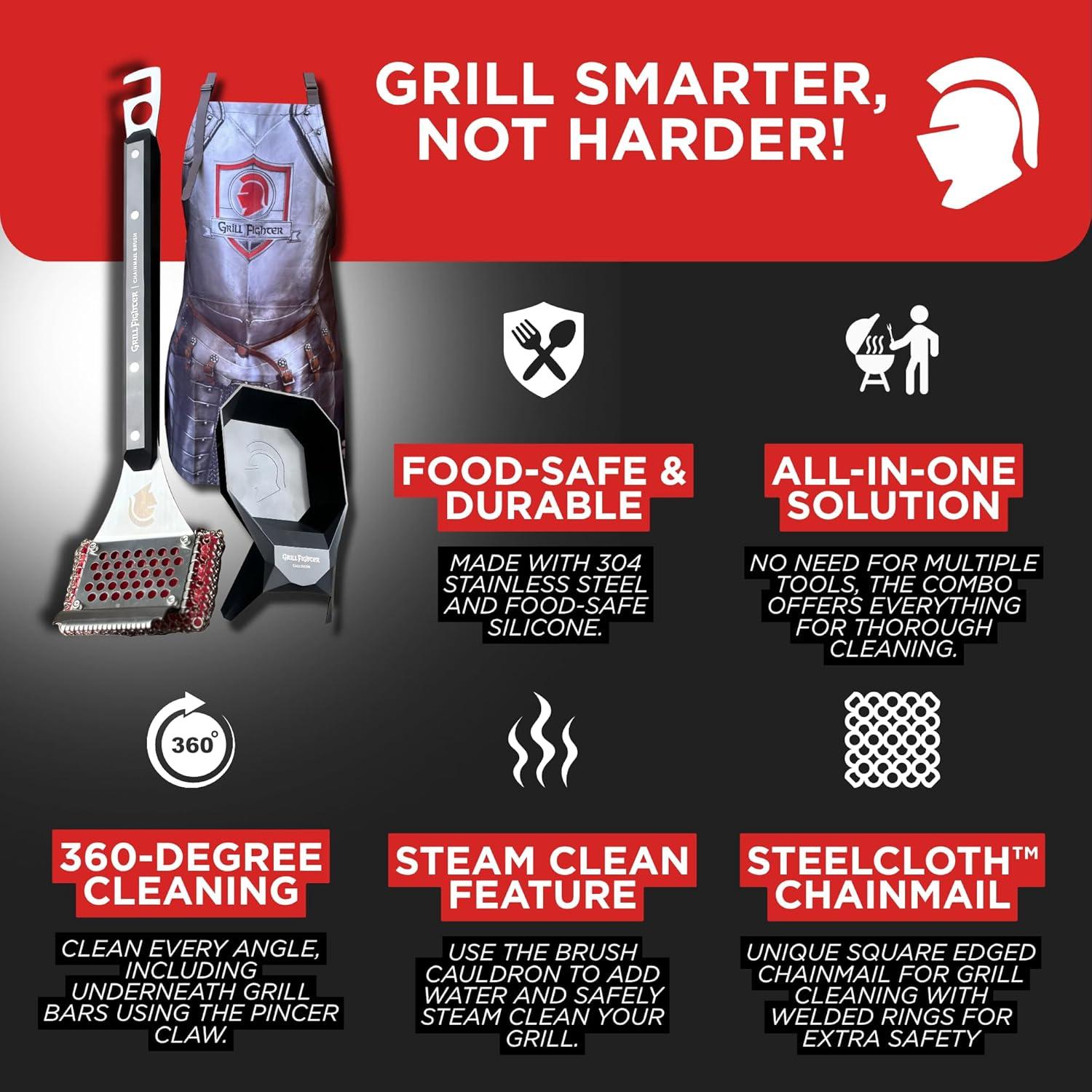 Paquete de Limpieza BBQ GrillFighter: Cepillo, Caldereta y Delantal